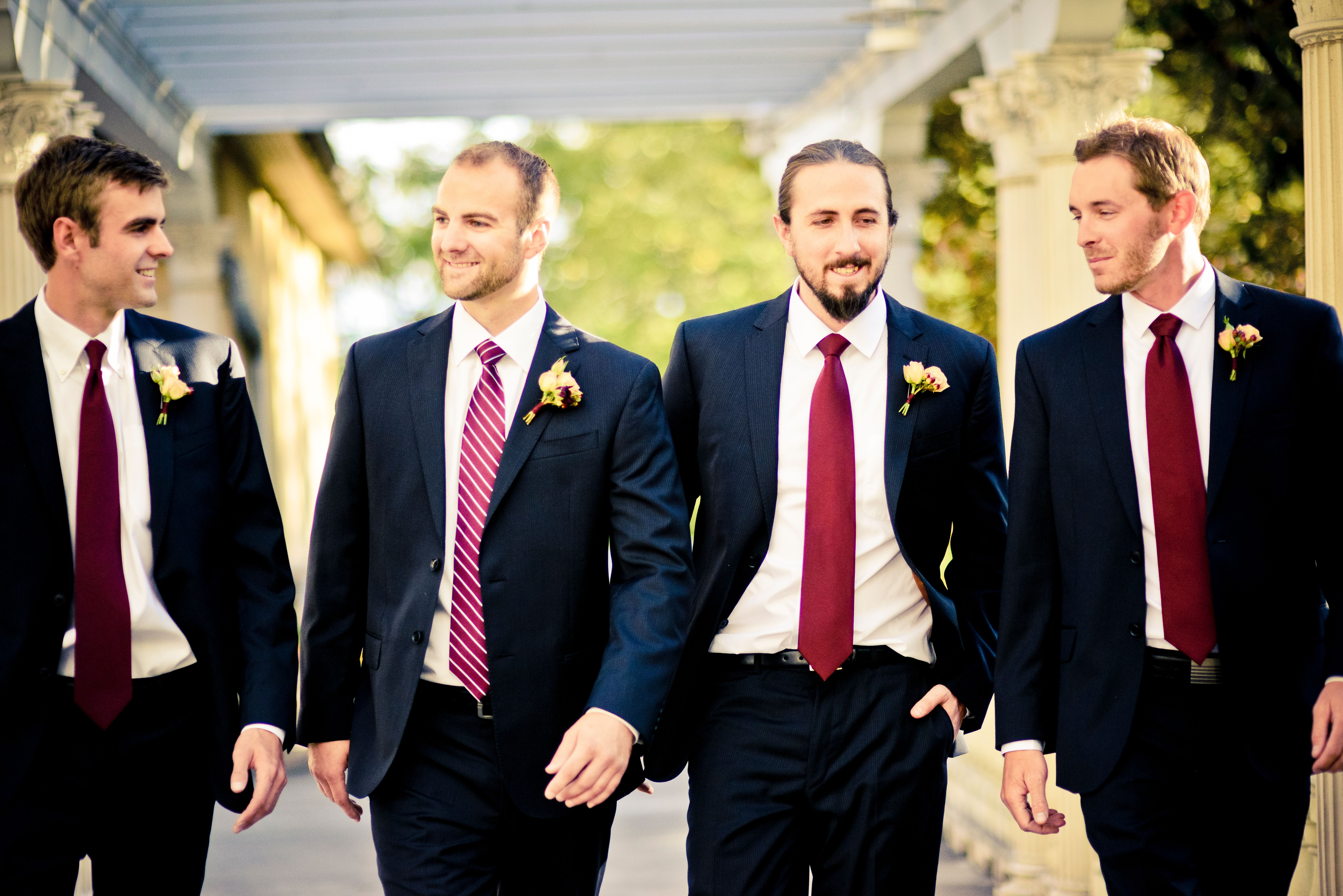 Navy And Burgundy Groomsmen Suits