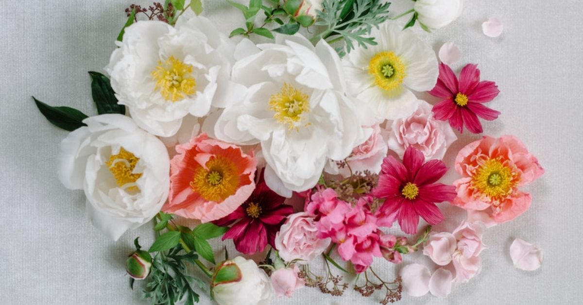 peonies and delphinium bouquet