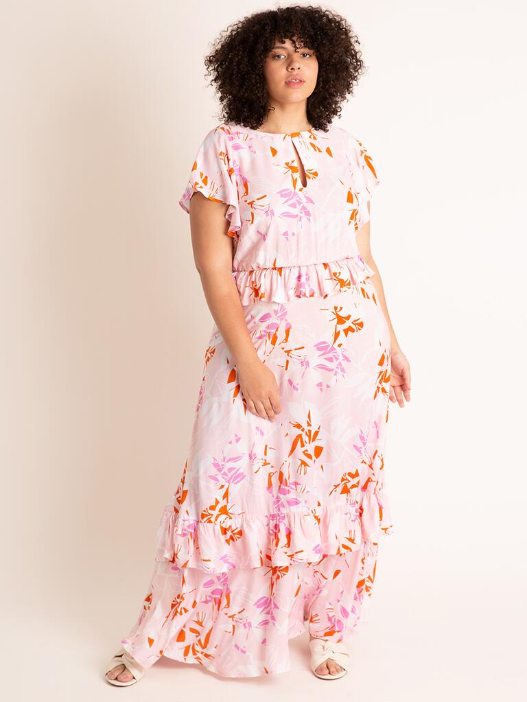 Maxi size pink floral ruffled maxi dress