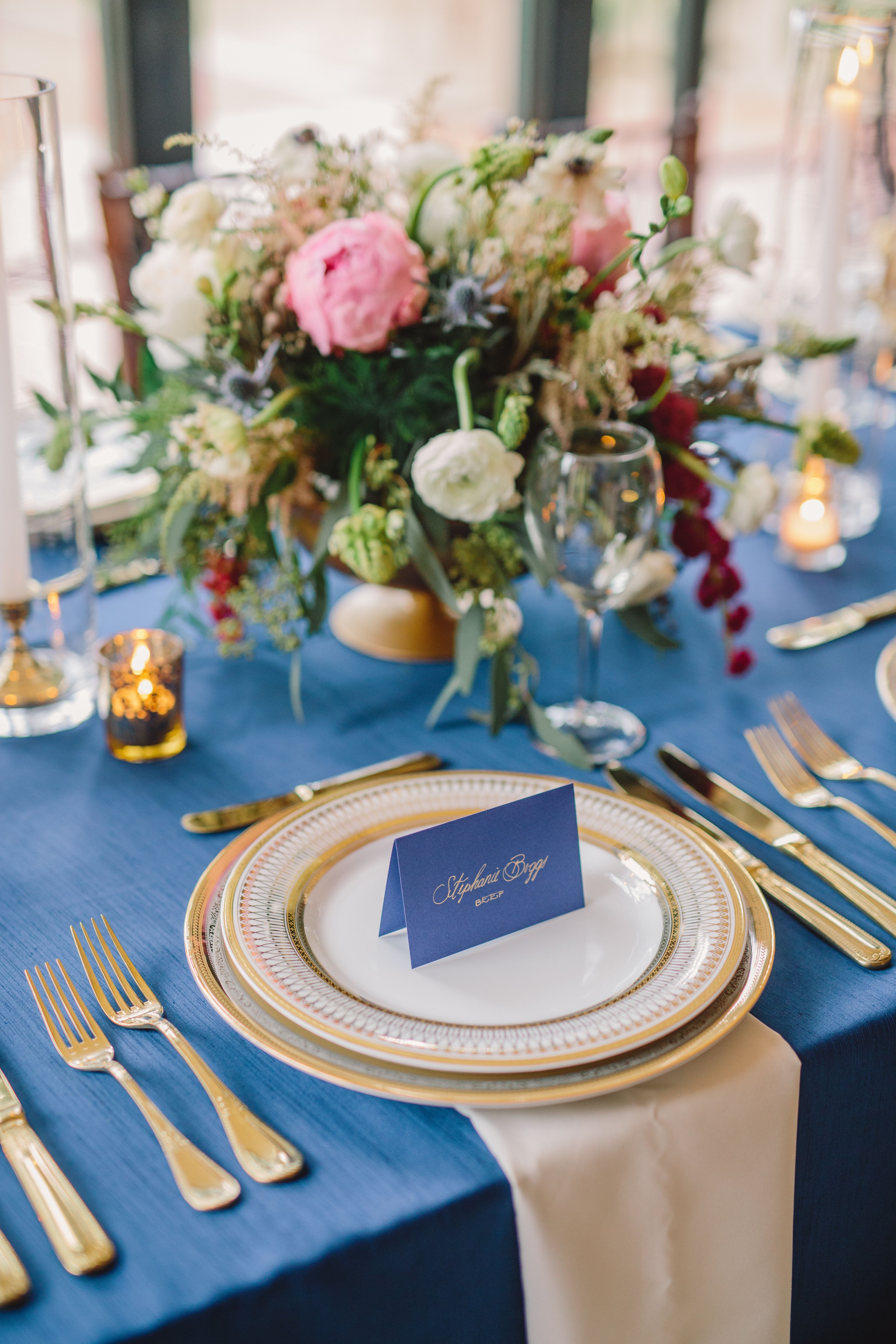 Ivory and Blue Accented Reception Decor