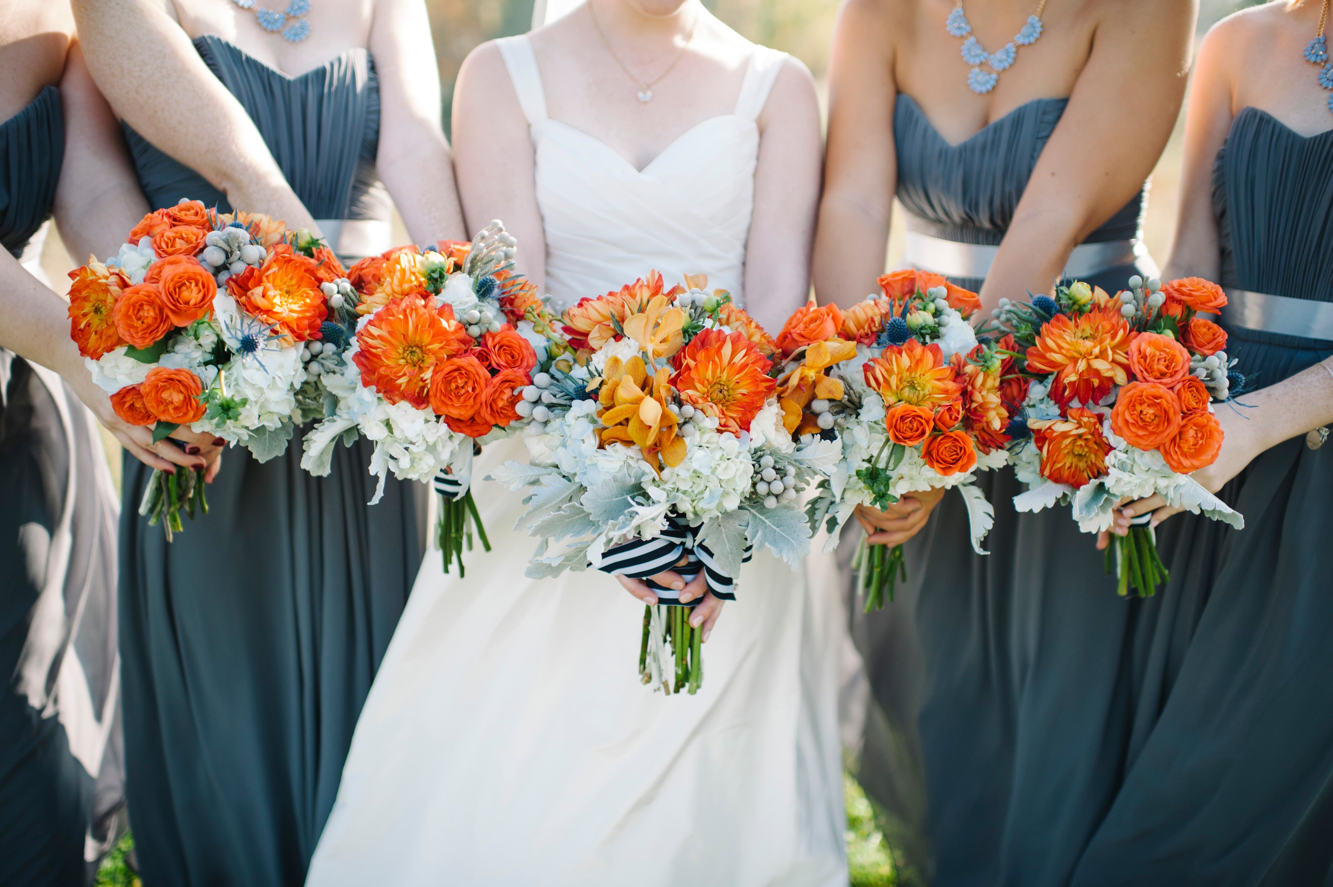 Bridal Bouquets in Burnt Orange  and Dusty Blue 