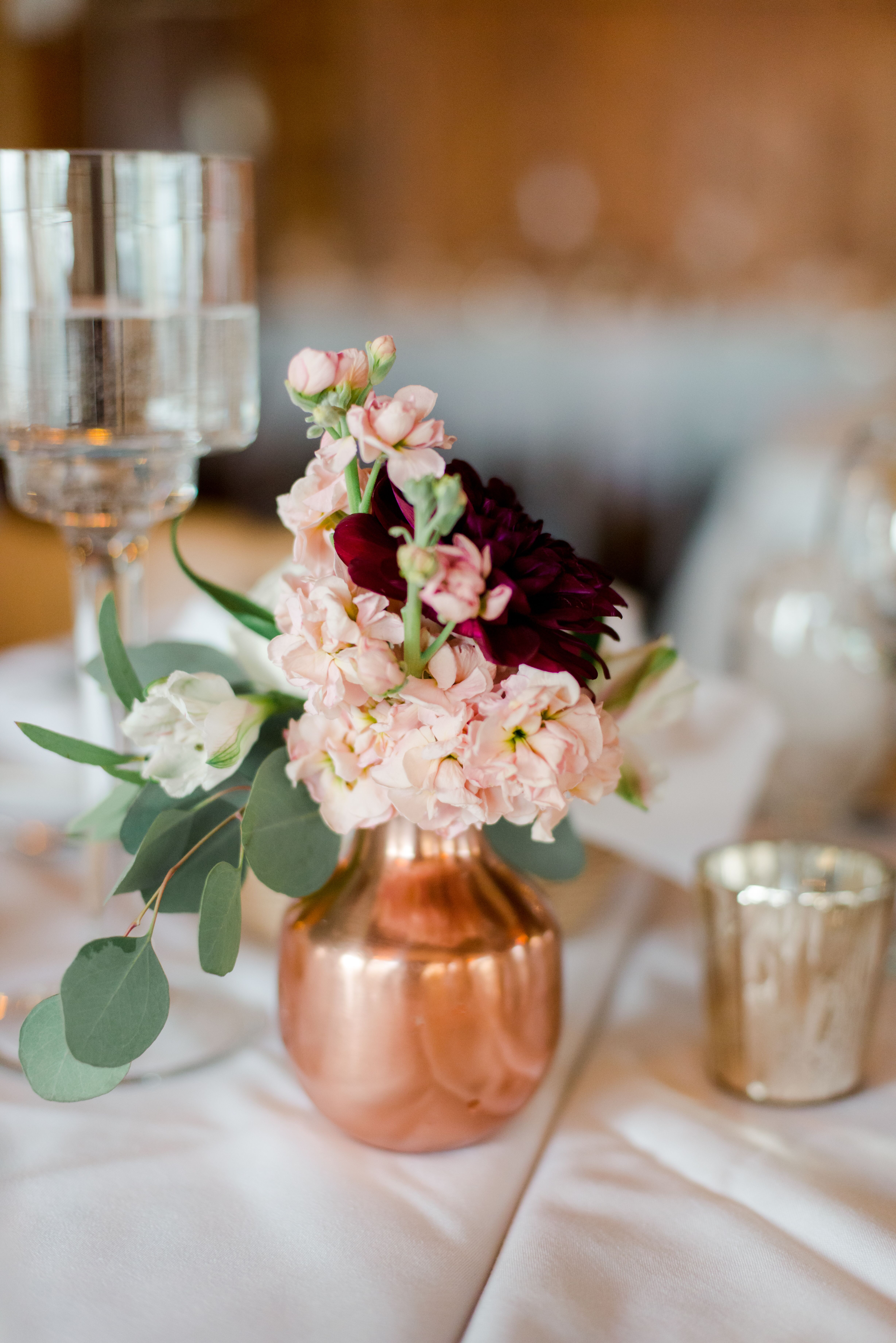 rose gold vase with eucalyptus pink blossoms and burgundy dahlia photo context=eucalyptus wedding flower arrangements photos&page=2