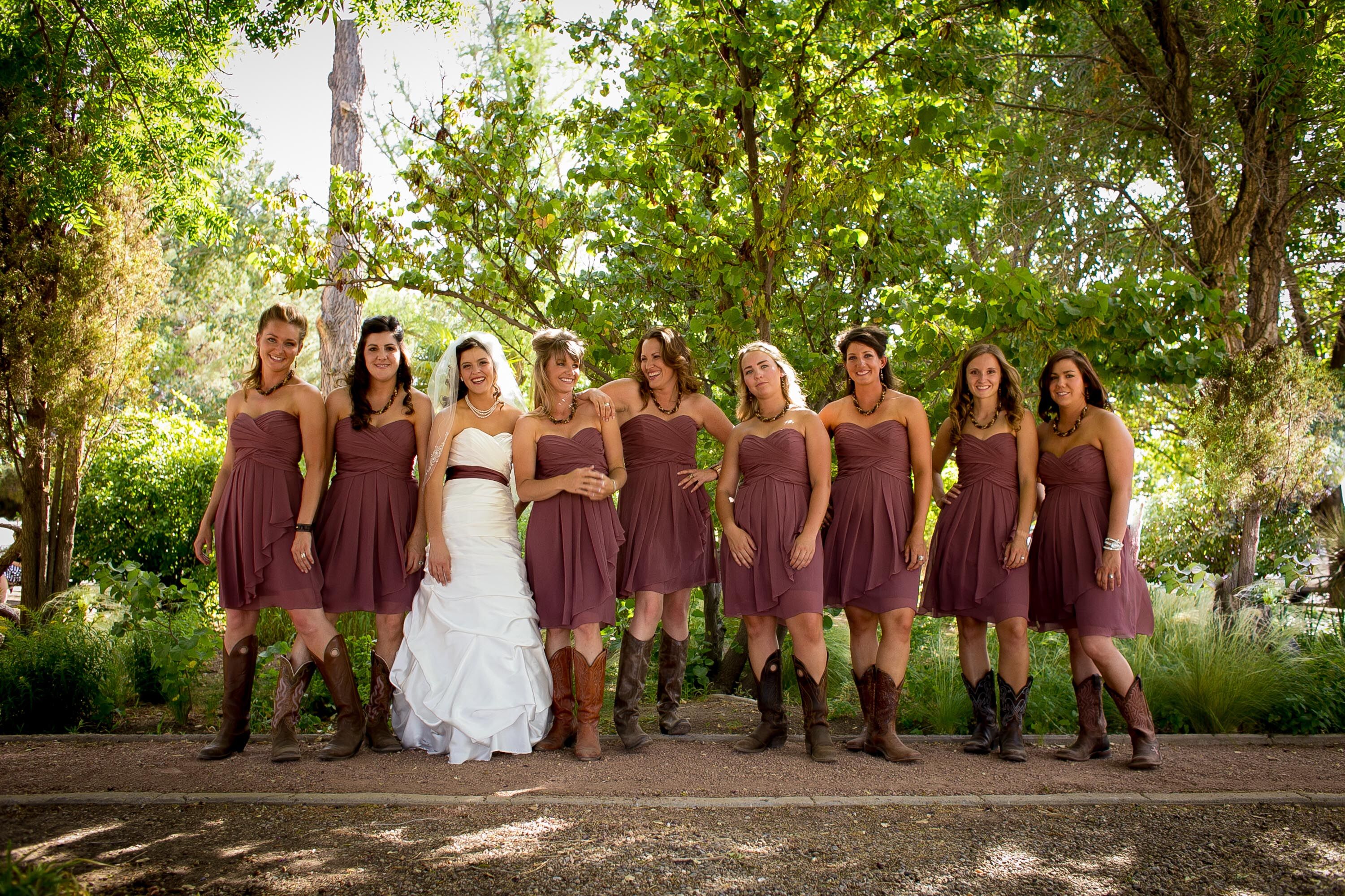 Burgundy Bridesmaids Dresses with Cowboy Boots