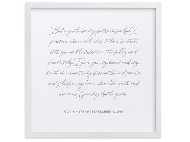 Framed art print do casal votos de casamento em bela caligrafia fonte's wedding vows in beautiful calligraphy font