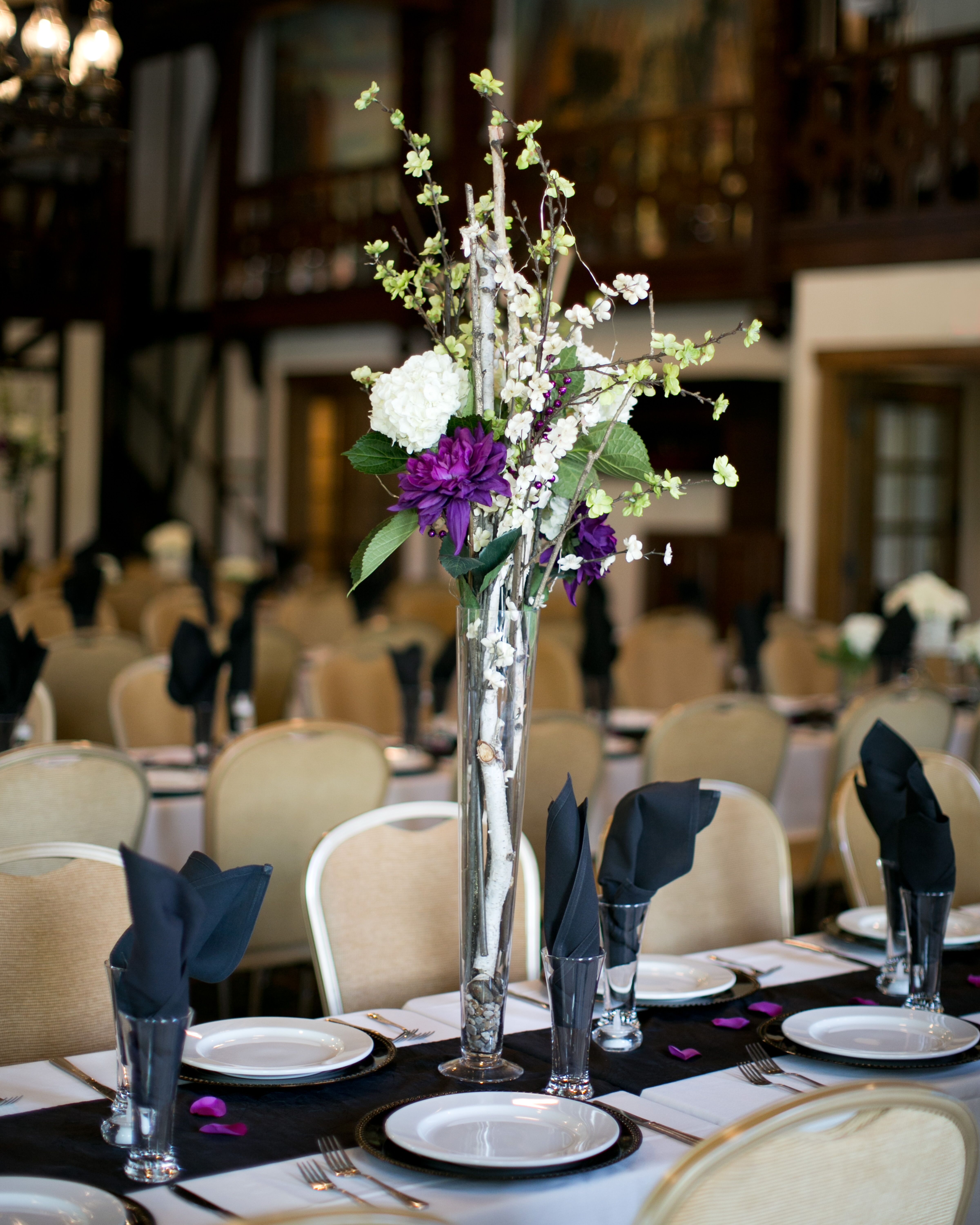 Ivory and Purple Tall Centerpiece Arrangements