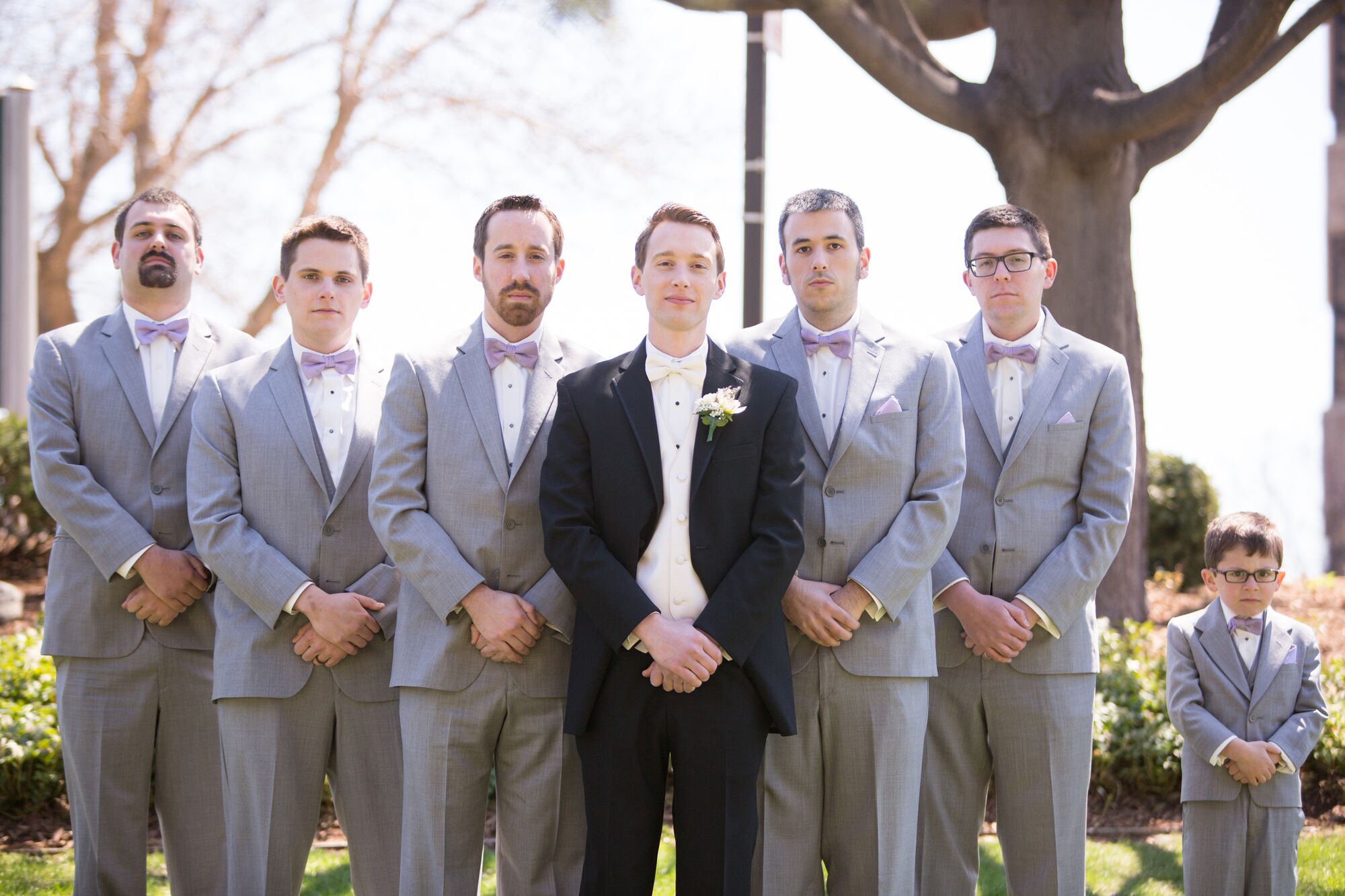 Gray Groomsmen Suits with Lavender Bow Ties