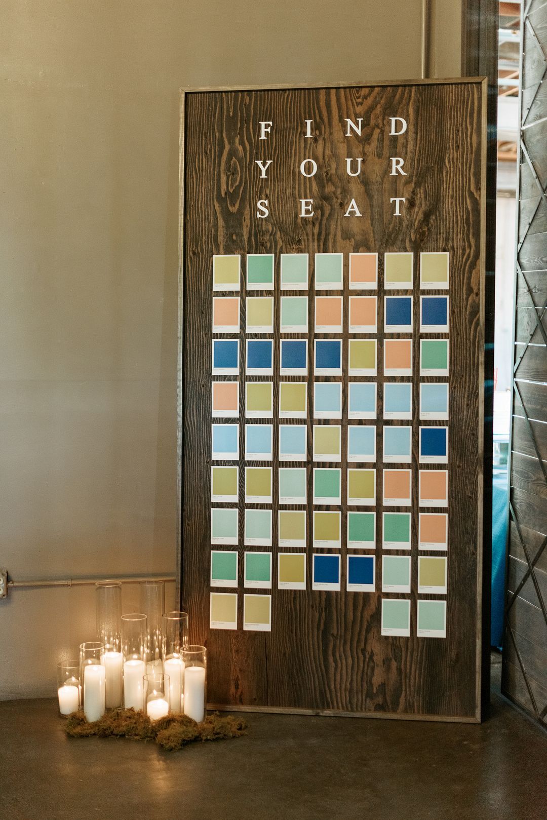 Midcentury Modern Wooden Seating Chart with Pantone Colors and Candles