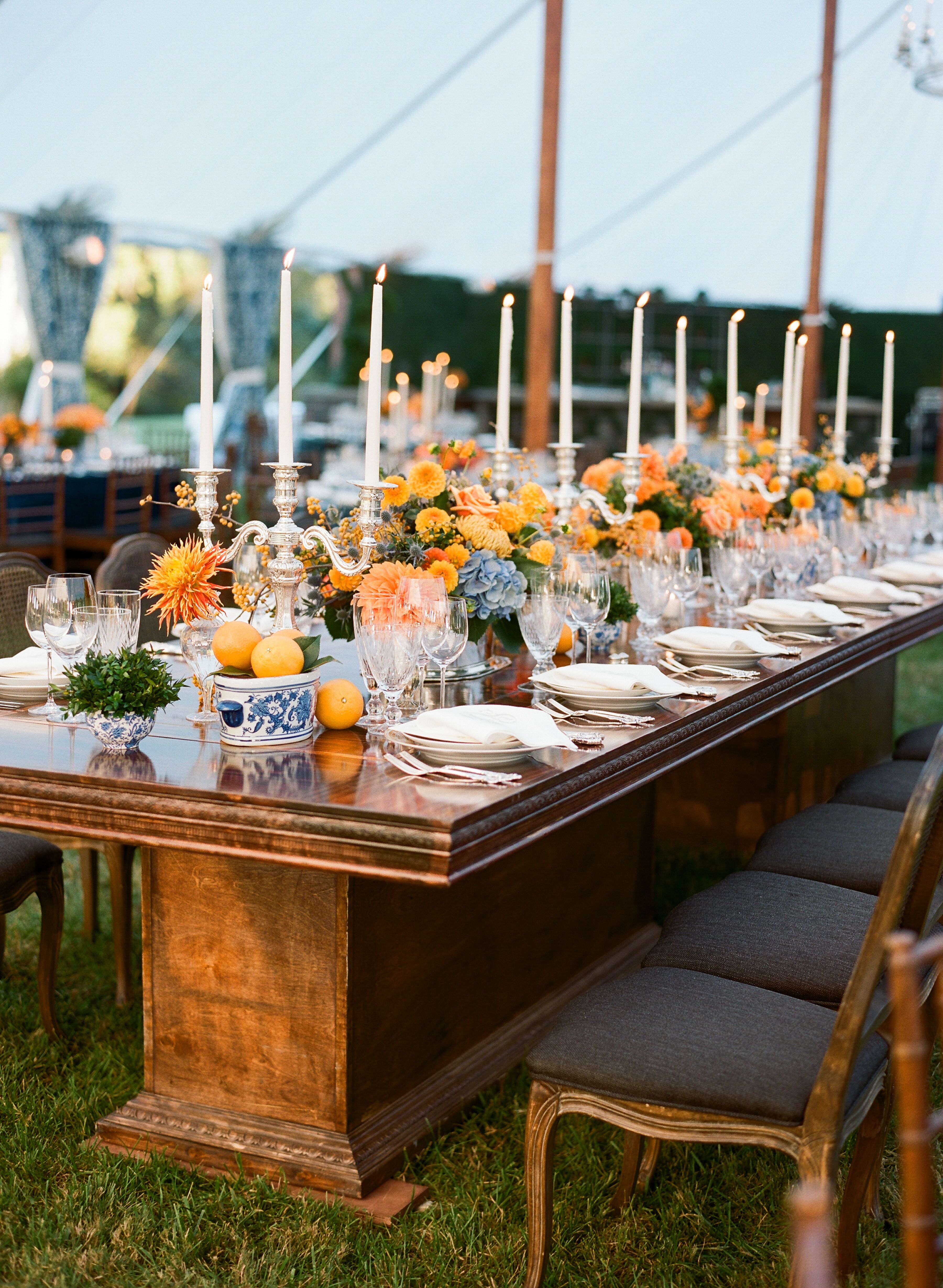 Vintage Dining Table with Orange and Blue Accents
