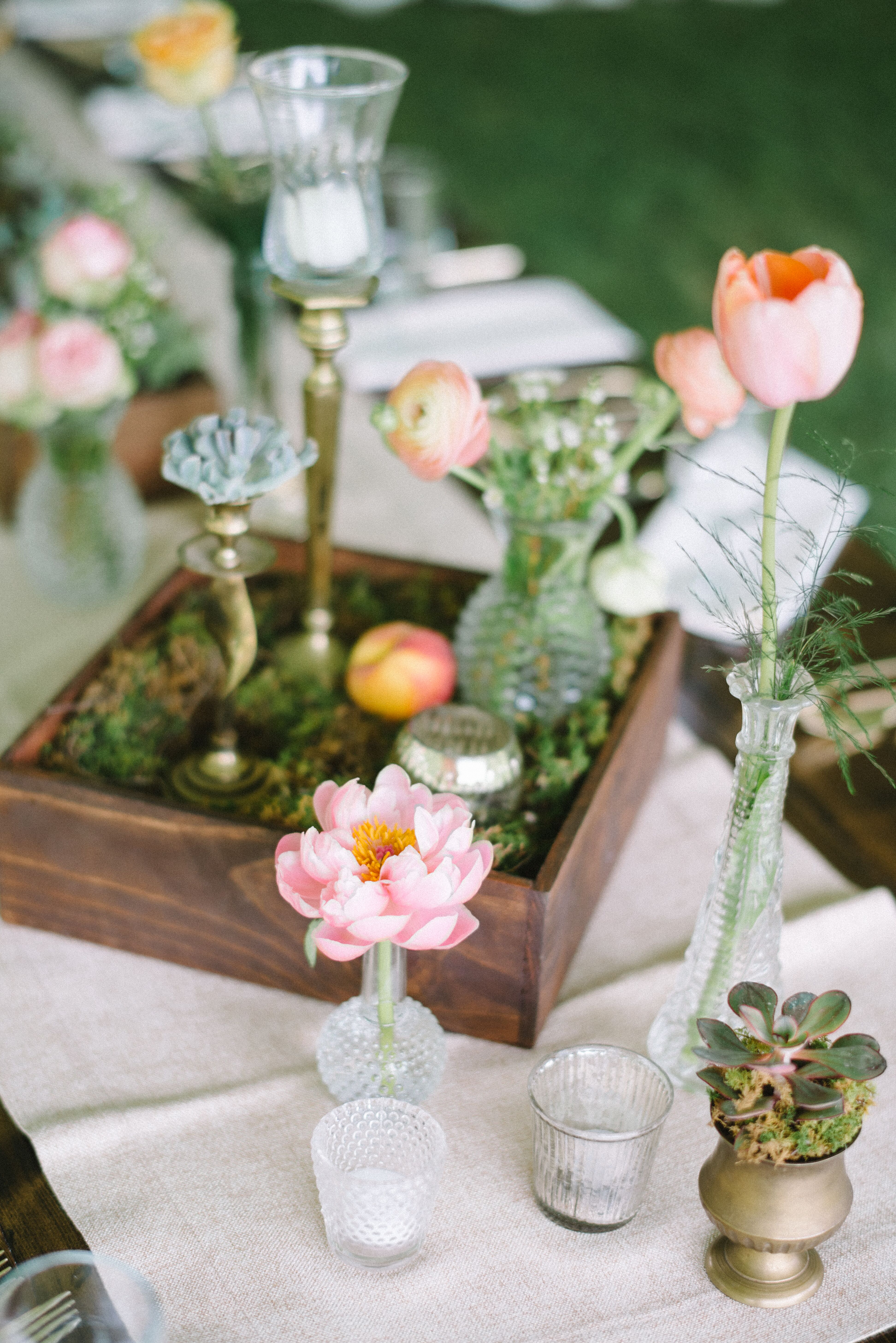 Succulent and Pink Tulip Planter Box Centerpieces