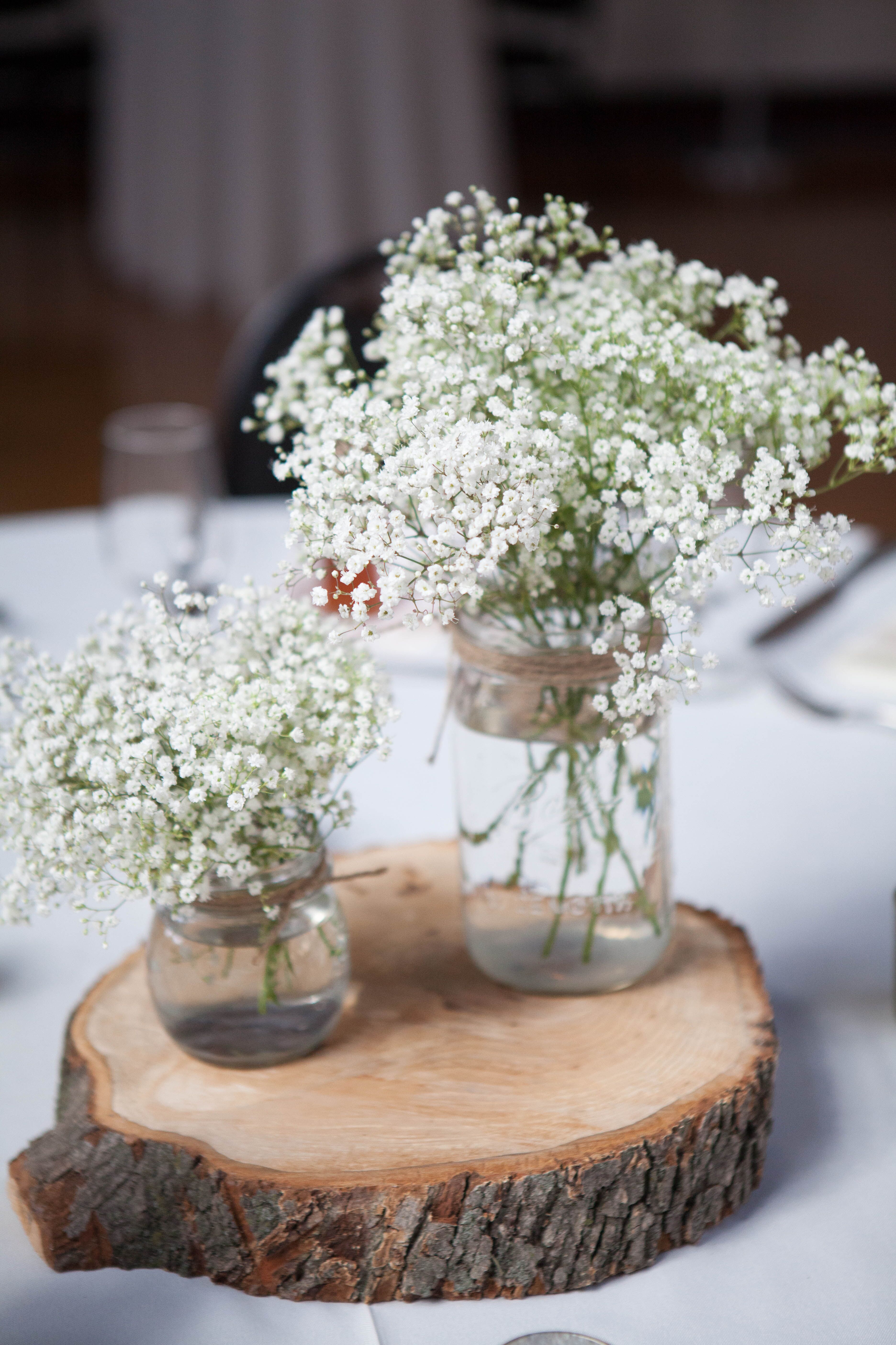 Rustic Mason Jar, Baby’s Breath and Wood Centerpieces