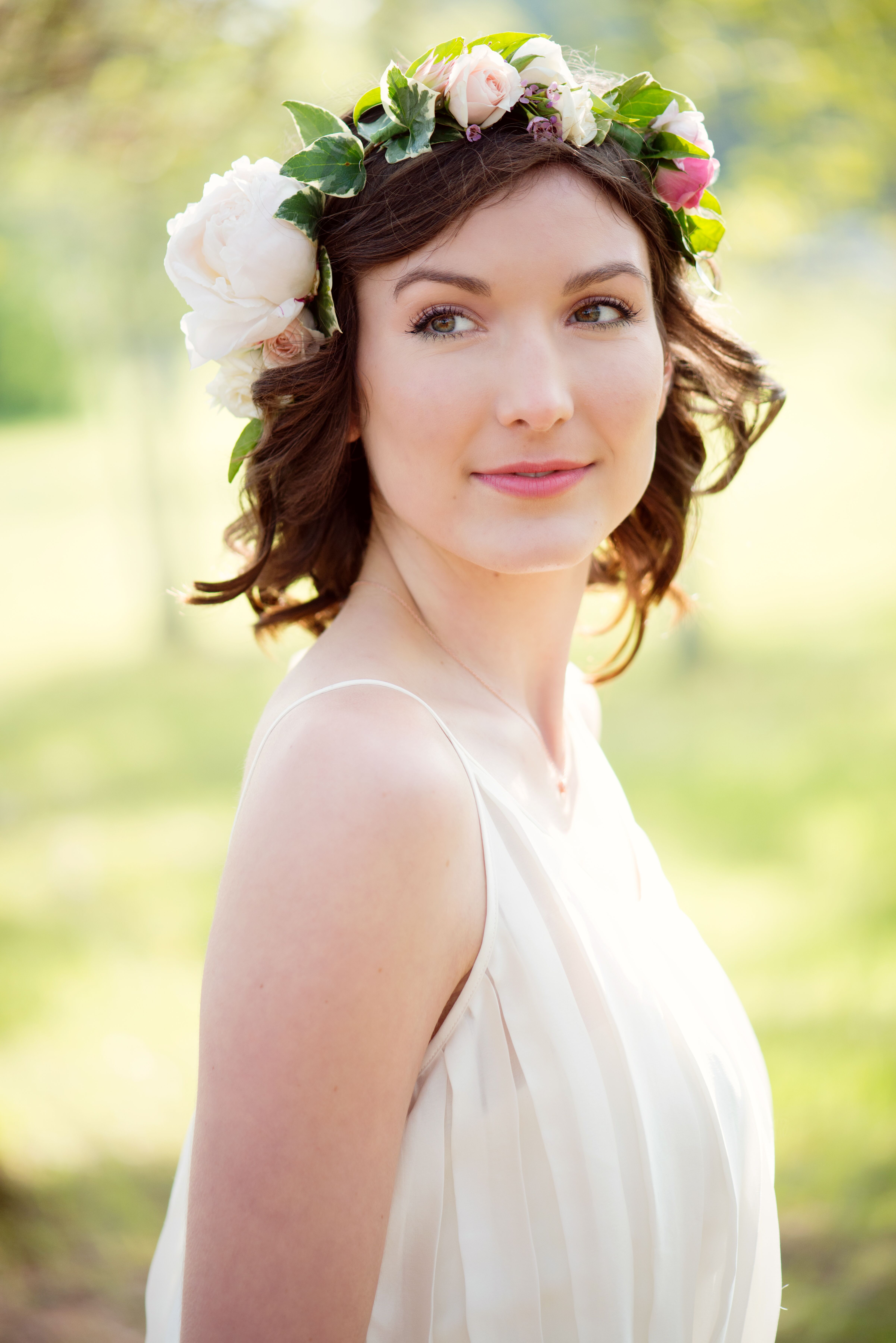 Short Curly Hairstyle with Bohemian Floral Crown