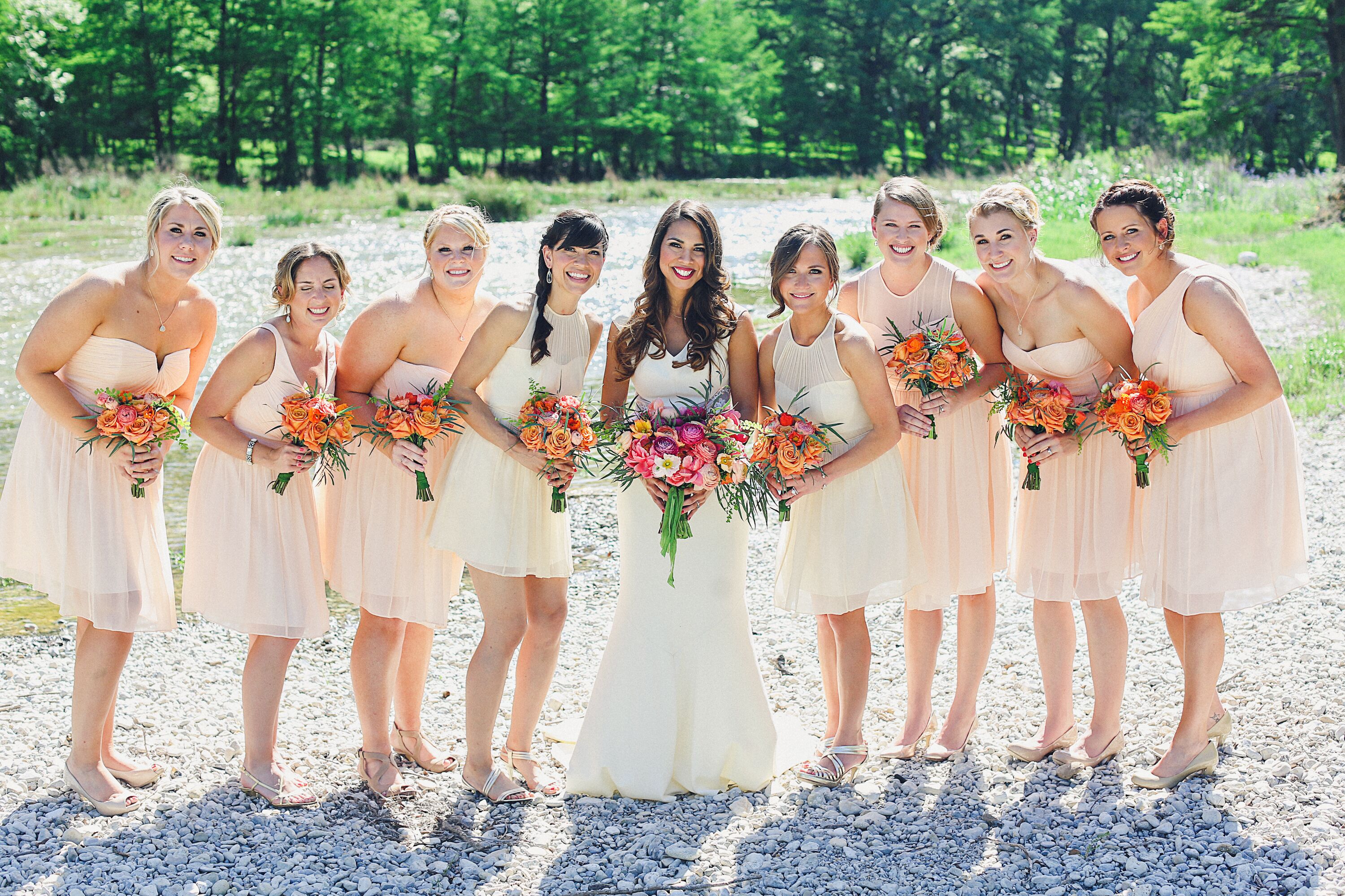 ivory and pink bridesmaid dresses Lace Appliqued Bodice Pink Chiffon Long Mismatched Bridesmaid Dresses with Slit APD2254