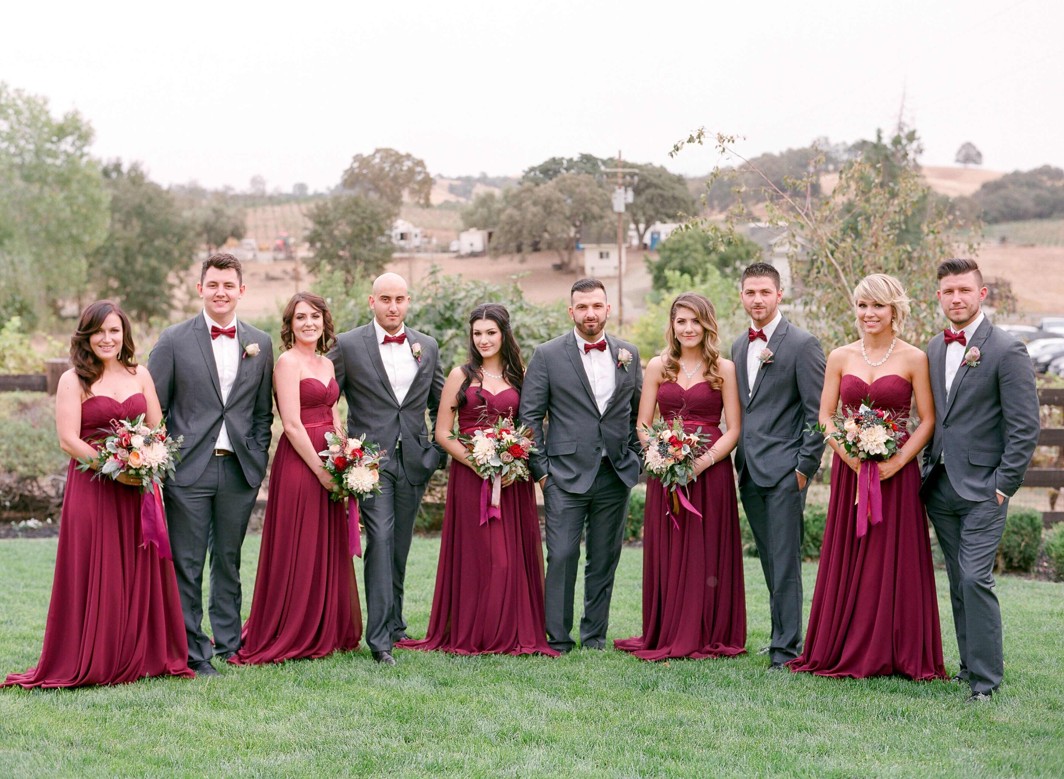 Elegant Bridal Party in Gray and Crimson