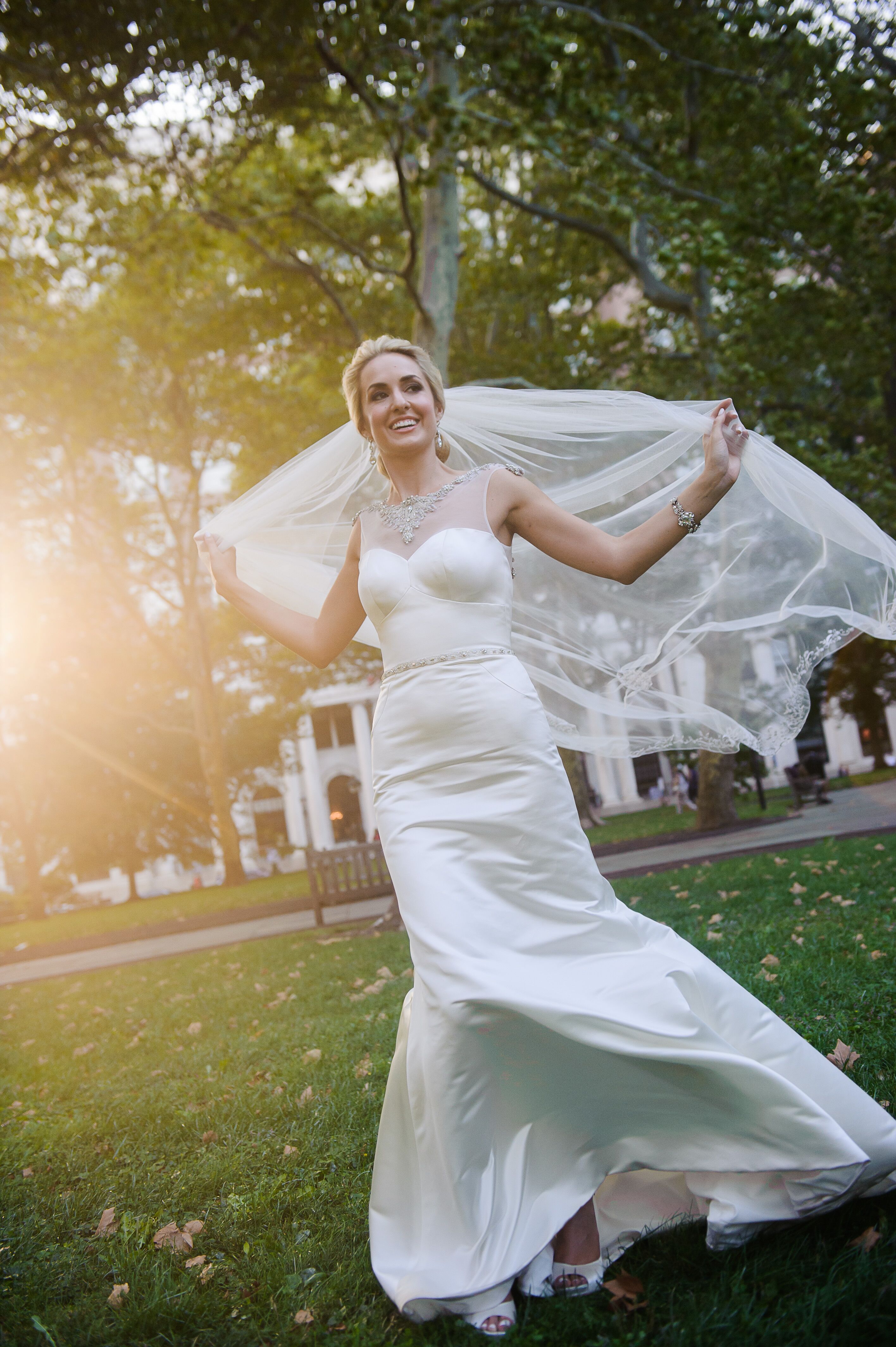 Fit and Flare, Silk Wedding Dress with Long Veil