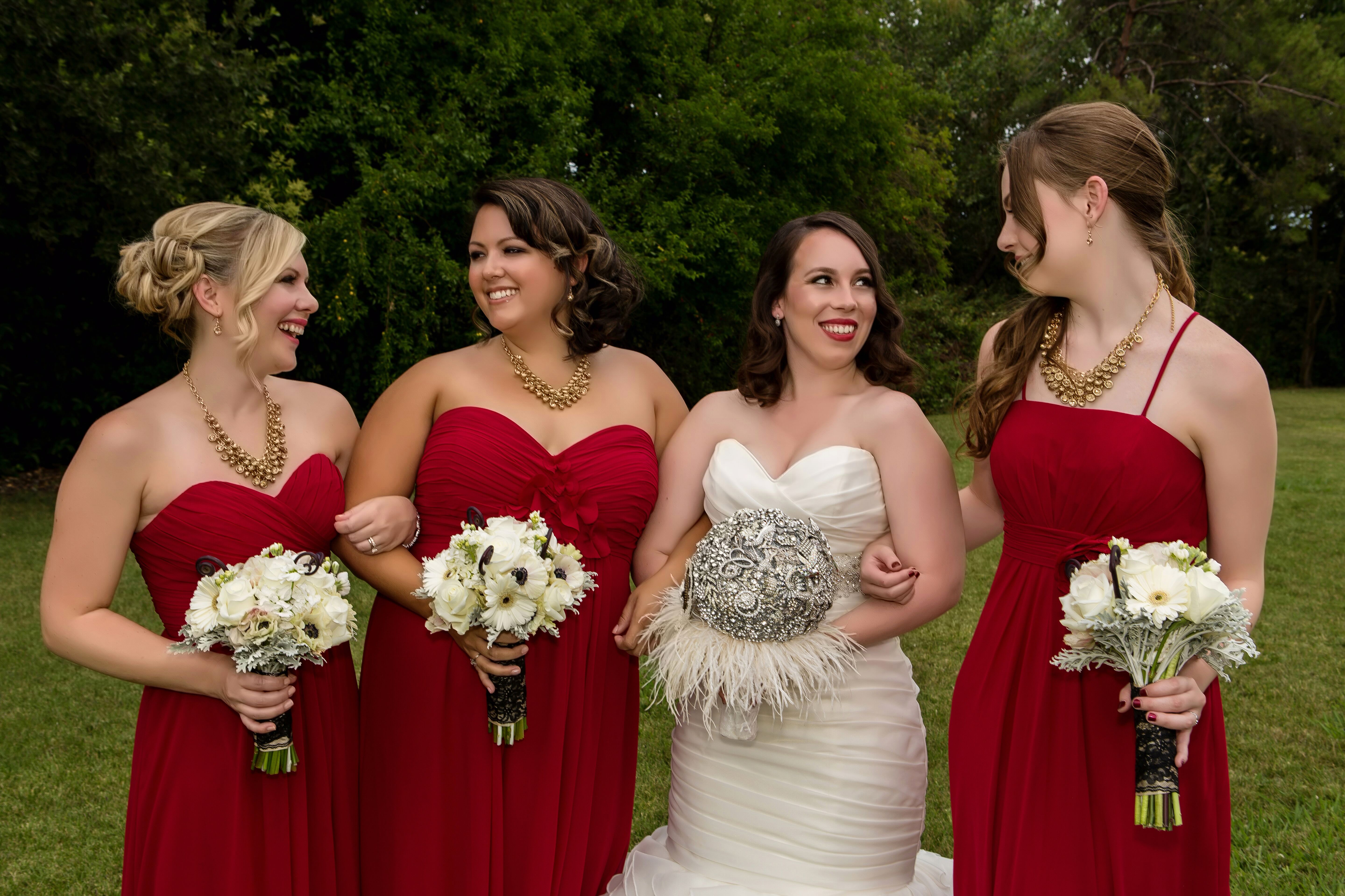 Red Bridesmaid Dresses. Jeweled Bouquet