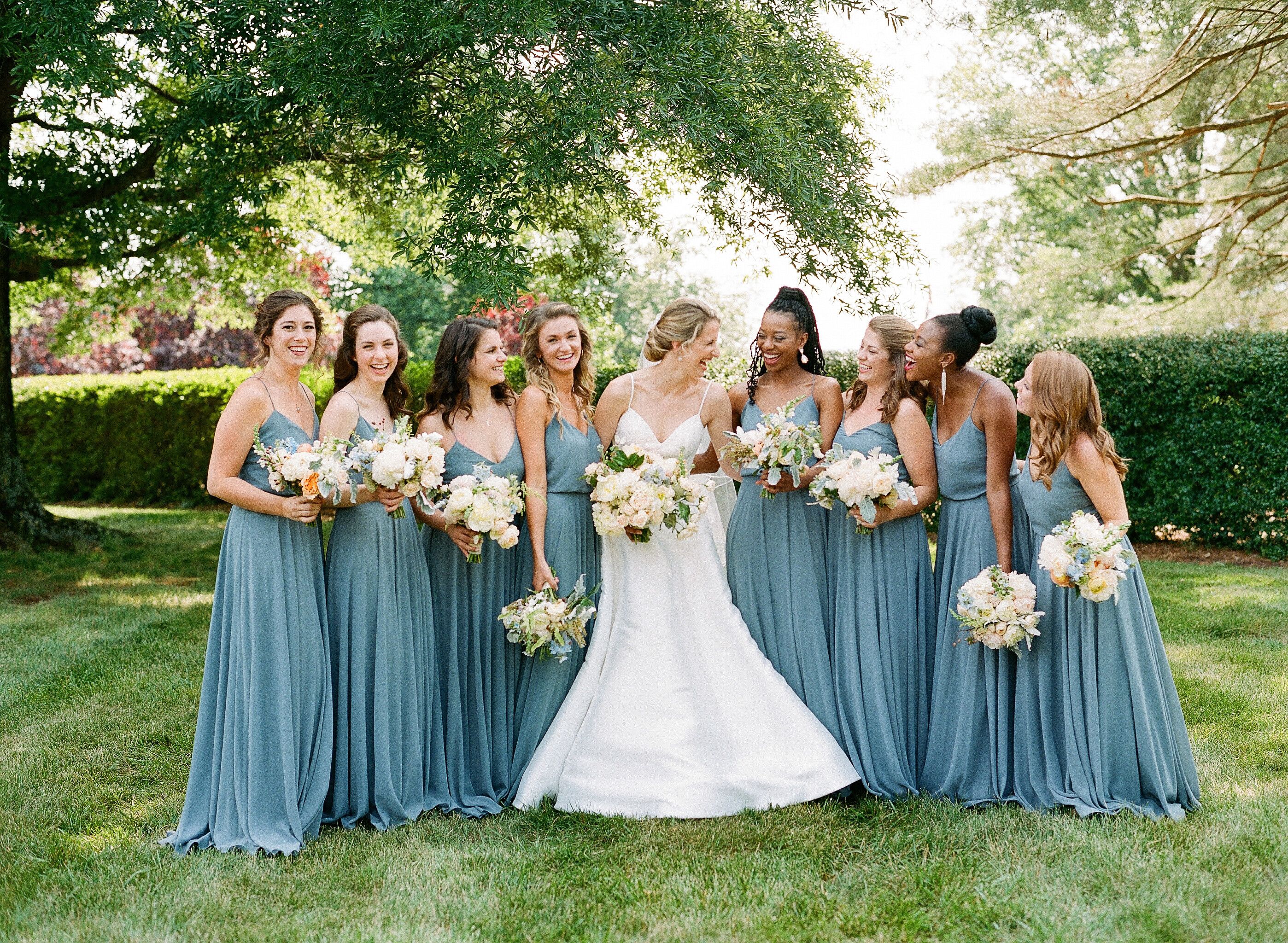 Long, Dusty Blue Bridesmaids Dresses at Wedding in Charlottesville