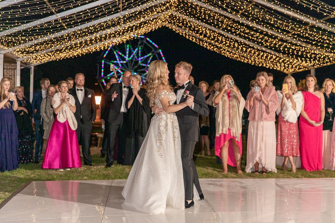 Traditional First Dance with Dance Floor and String Lights