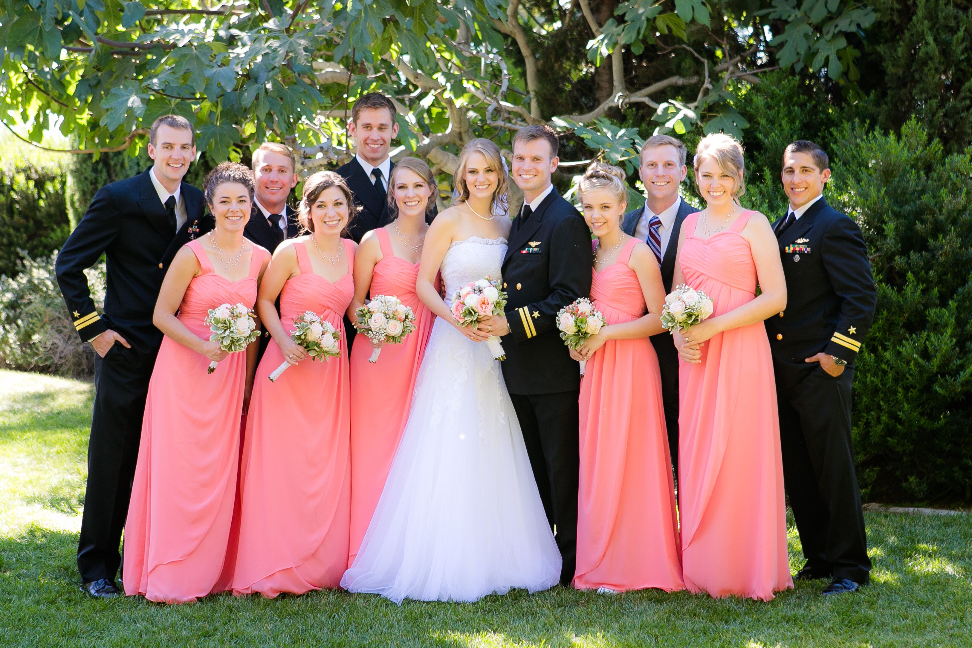 Coral Dresses and Military Uniforms