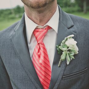 Groomsmen in Dark Gray Suits with Coral Ties