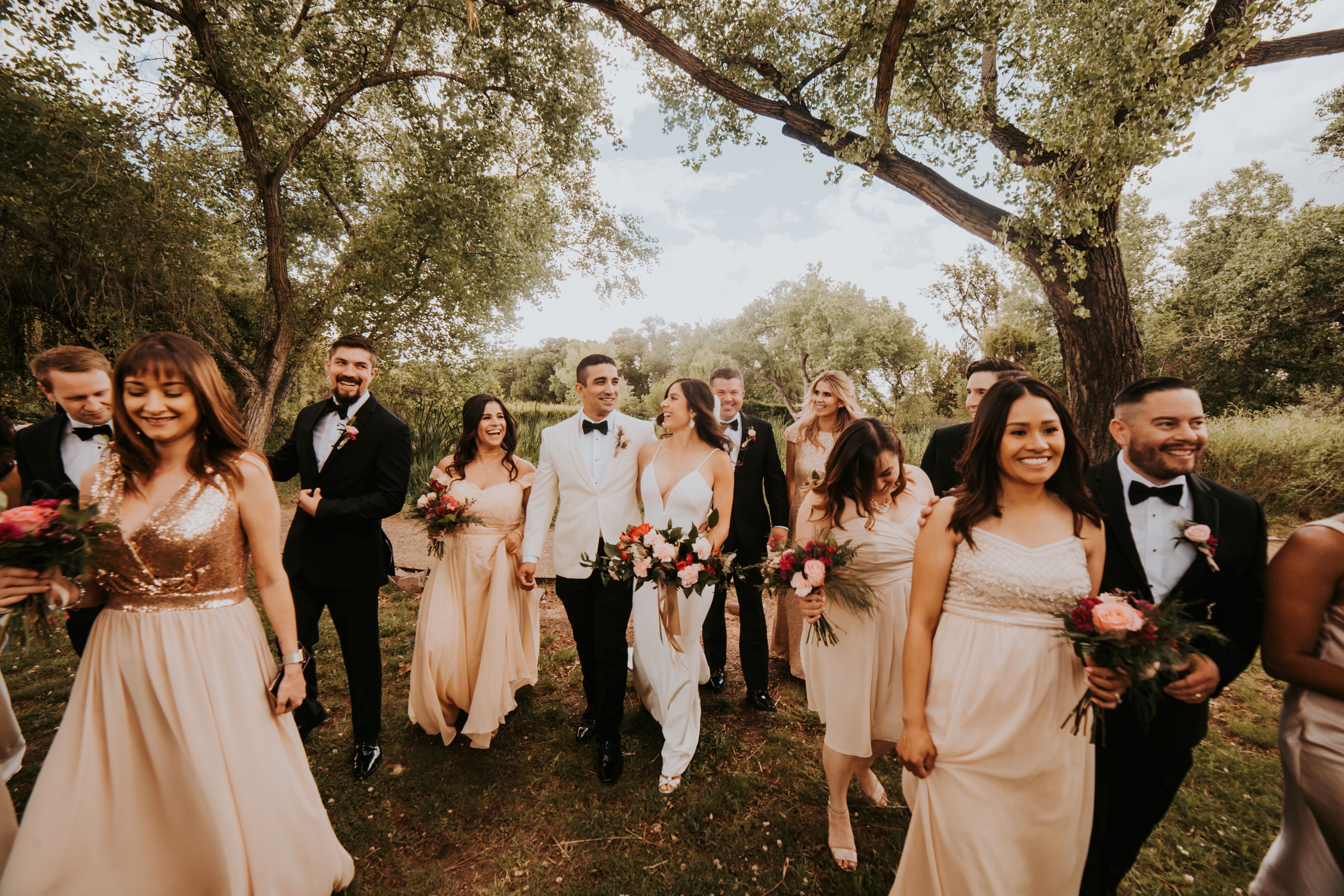 Elegant Wedding Party Wearing Cream Gowns and Black Suits