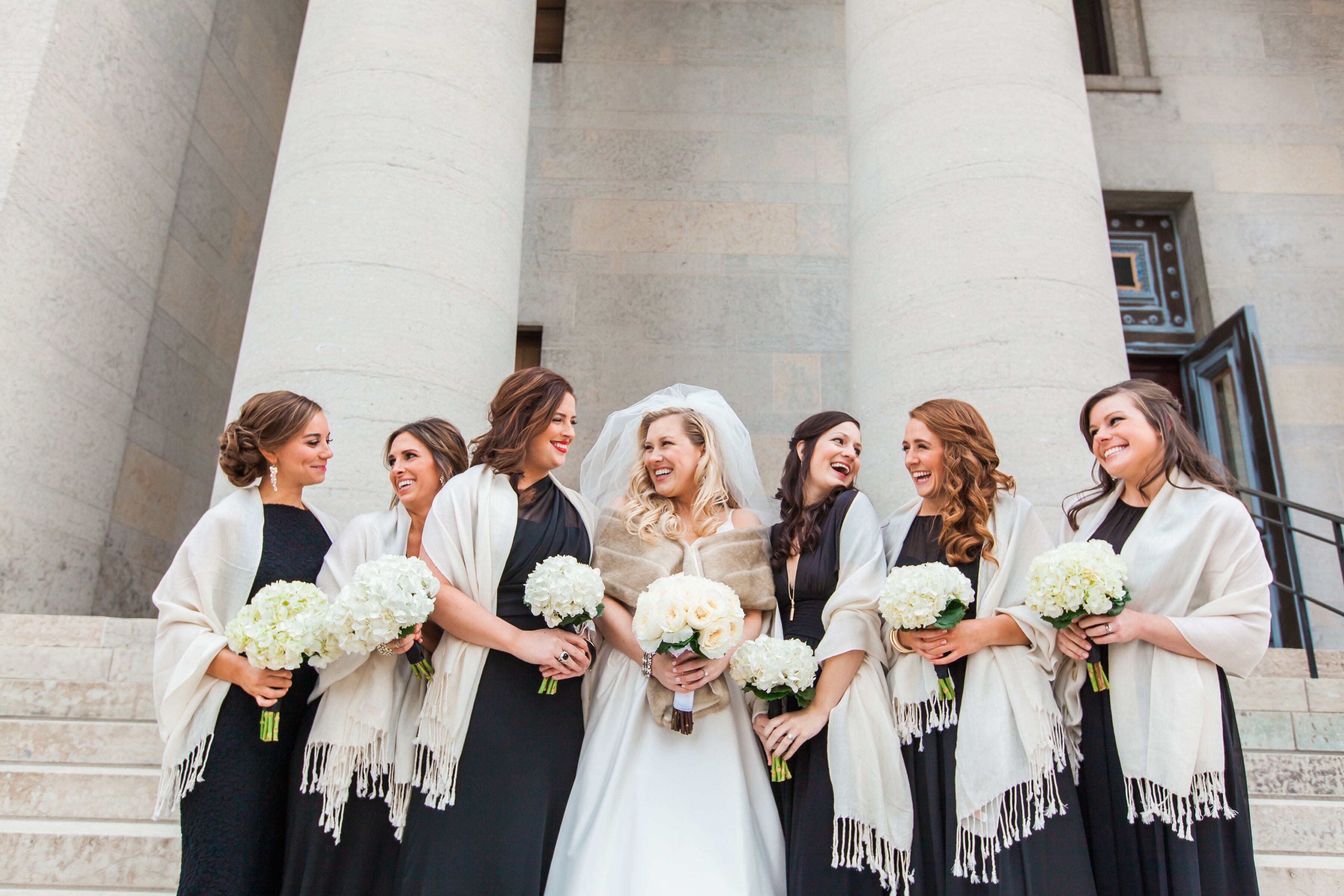 Black Bridesmaid Dresses with White Shawls