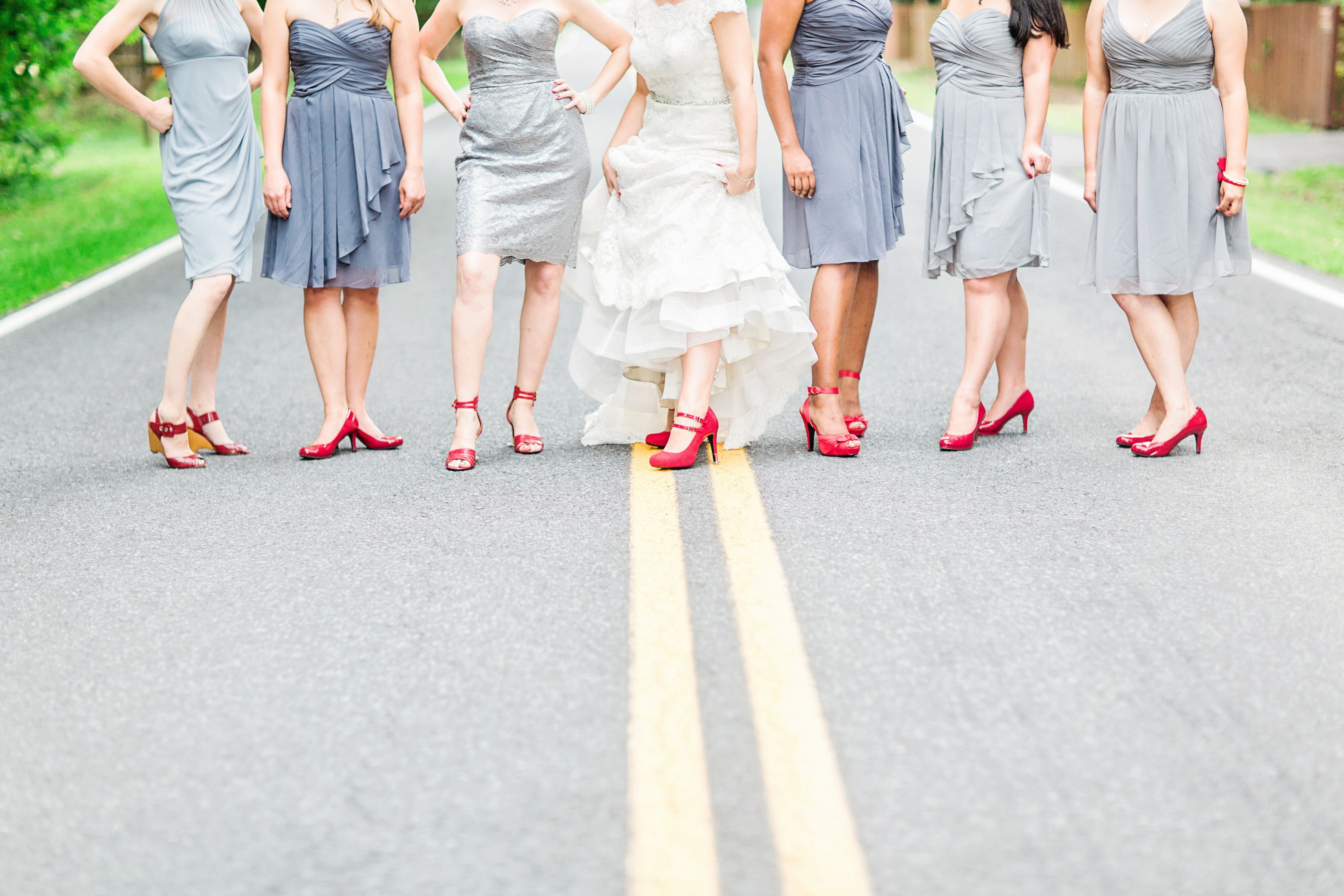 Grey and red outlet bridesmaid dresses