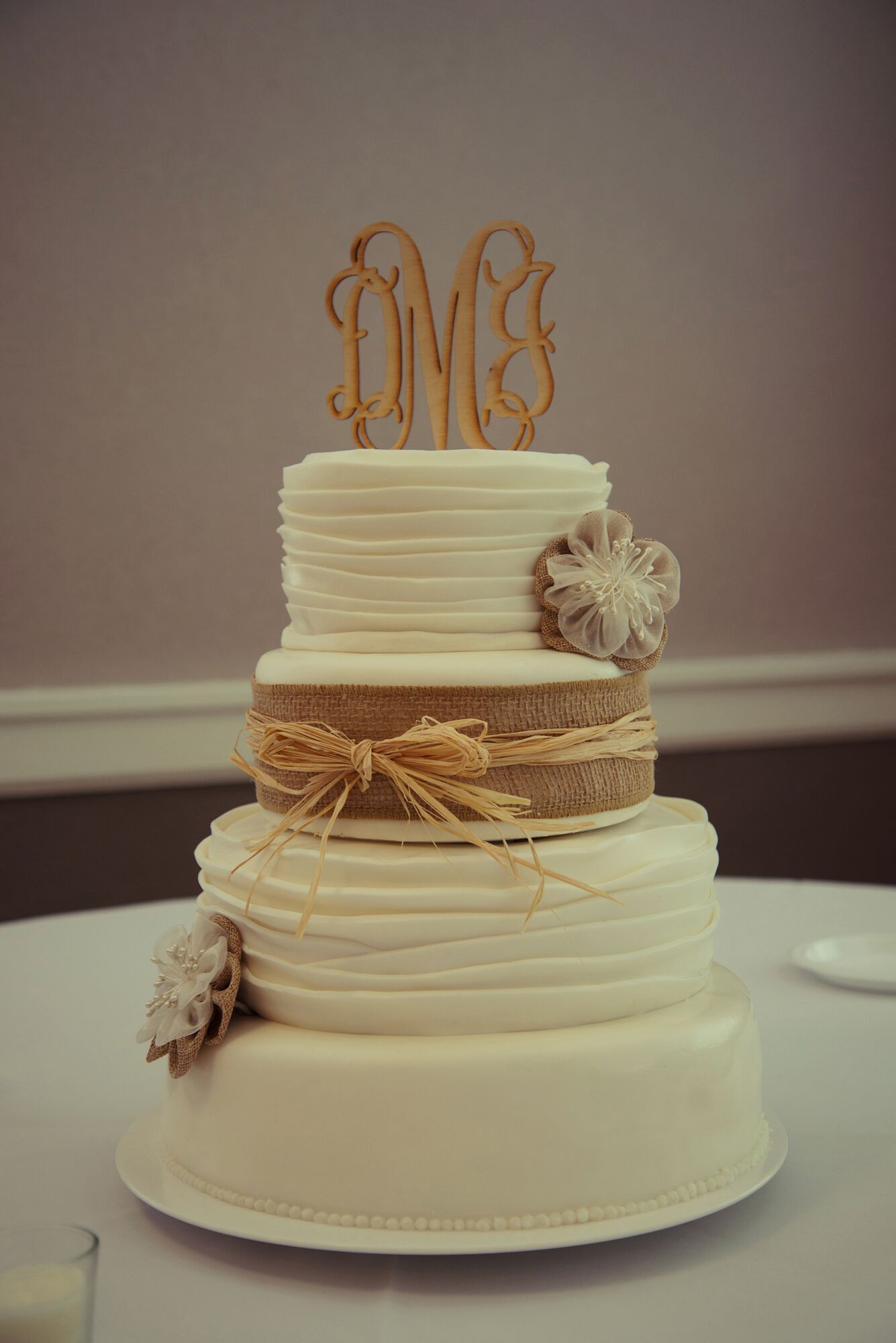 Rustic Wedding Cake with Burlap and Straw Ribbon and 