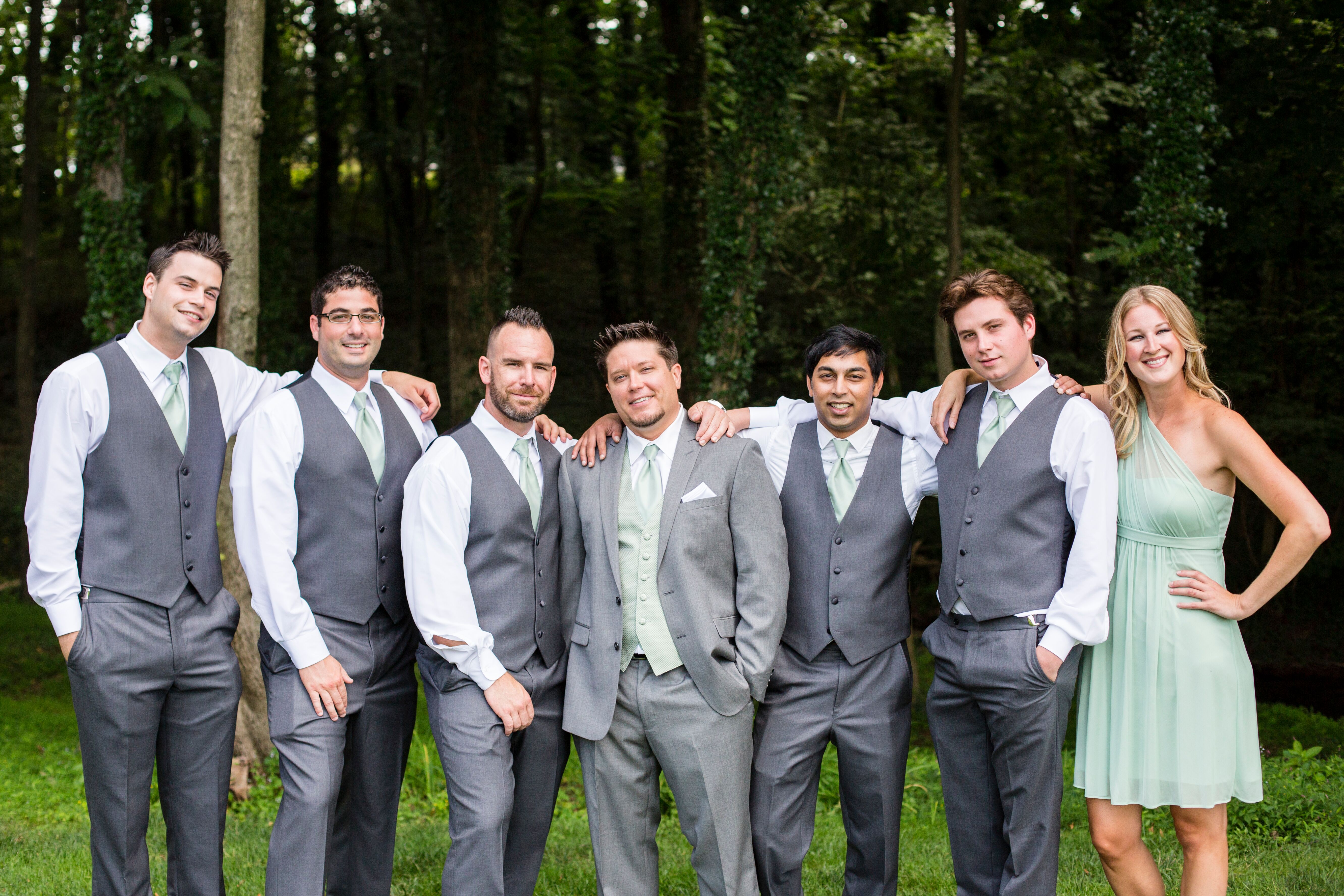 Groomsmen in Gray Pants and Vests with Pale Green Ties