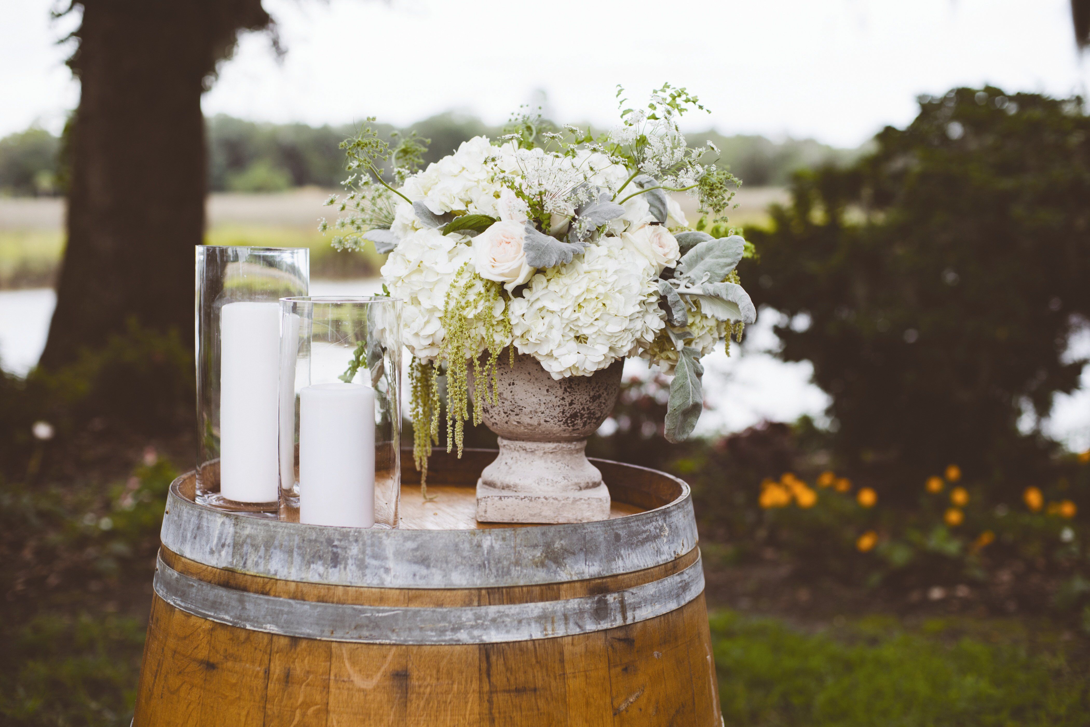 Hydrangea And Wine Barrel Decor