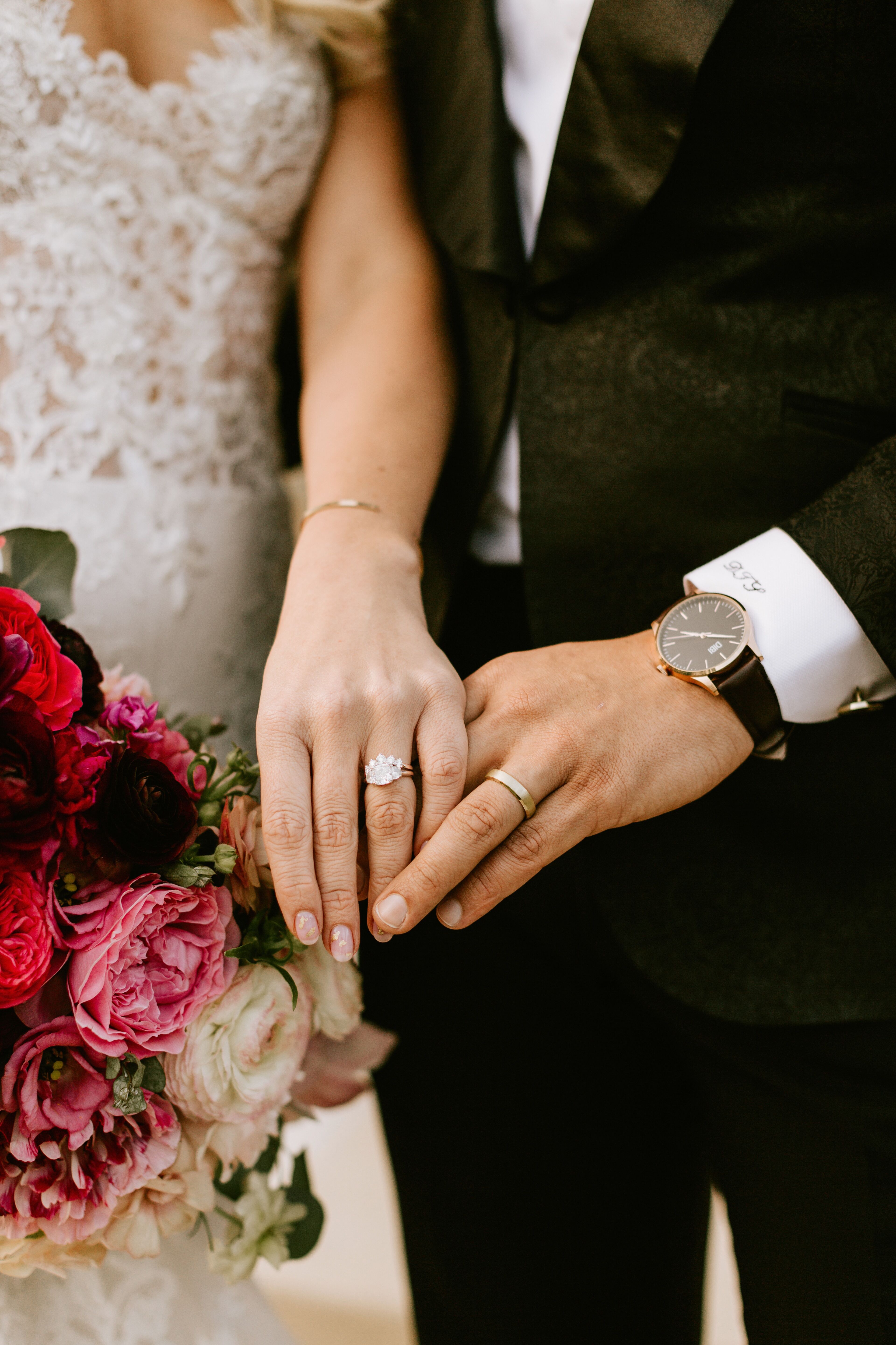 Diamond Engagement Ring and Gold Wedding Band