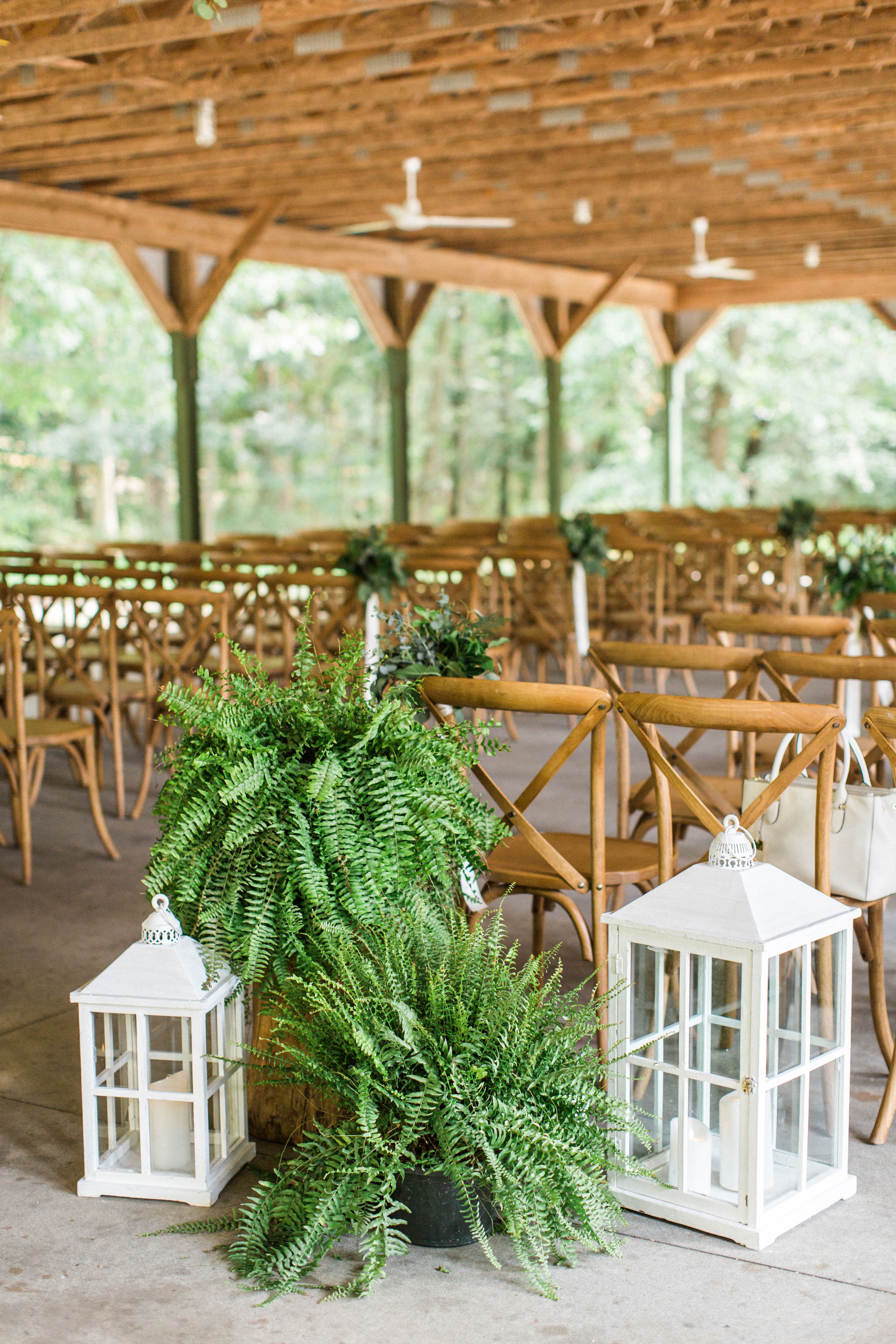 Fern Aisle Decorations at Rustic Outdoor Campground Ceremony