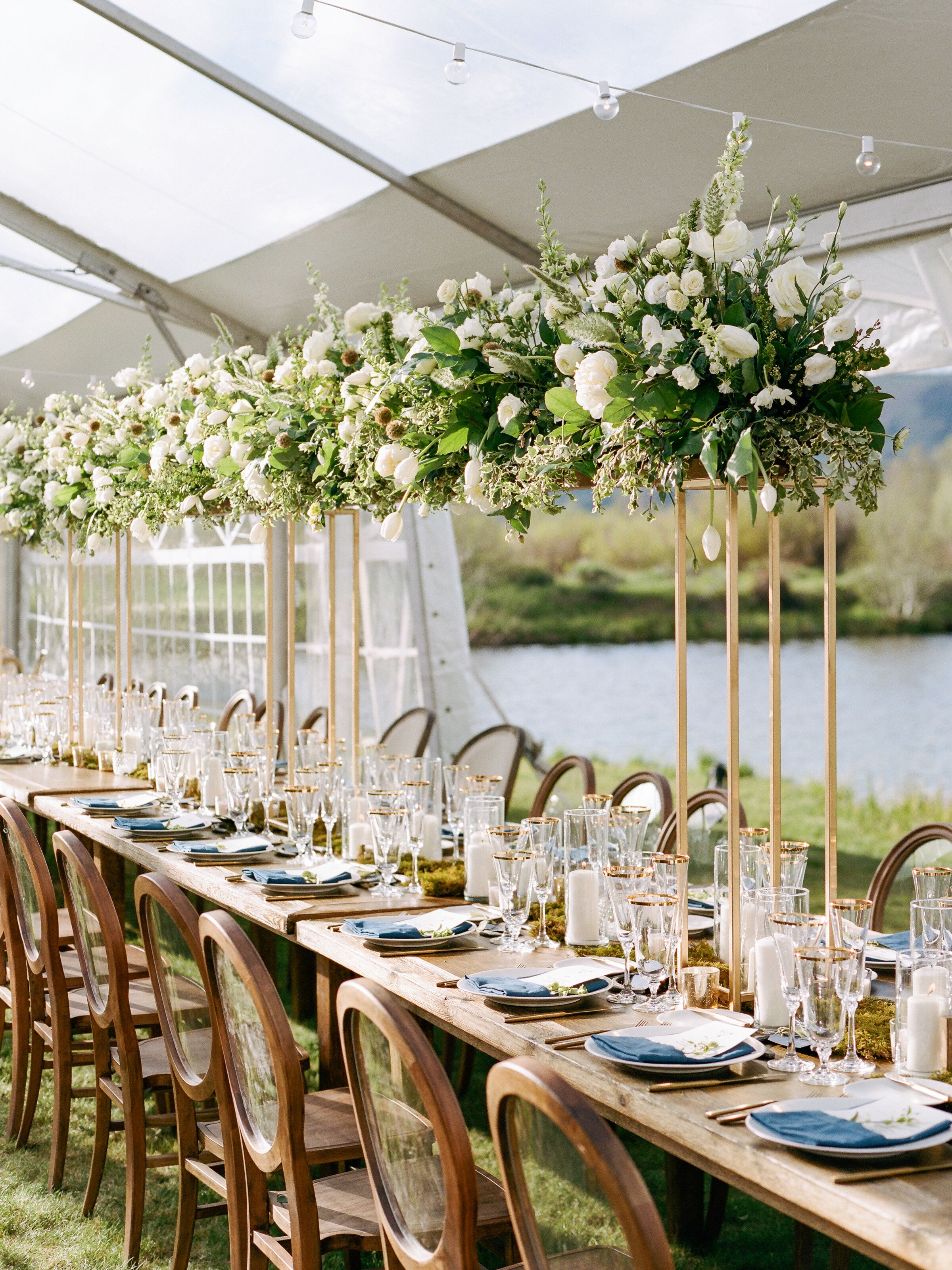 Wood Farm Table with Tall Greenery Centerpieces