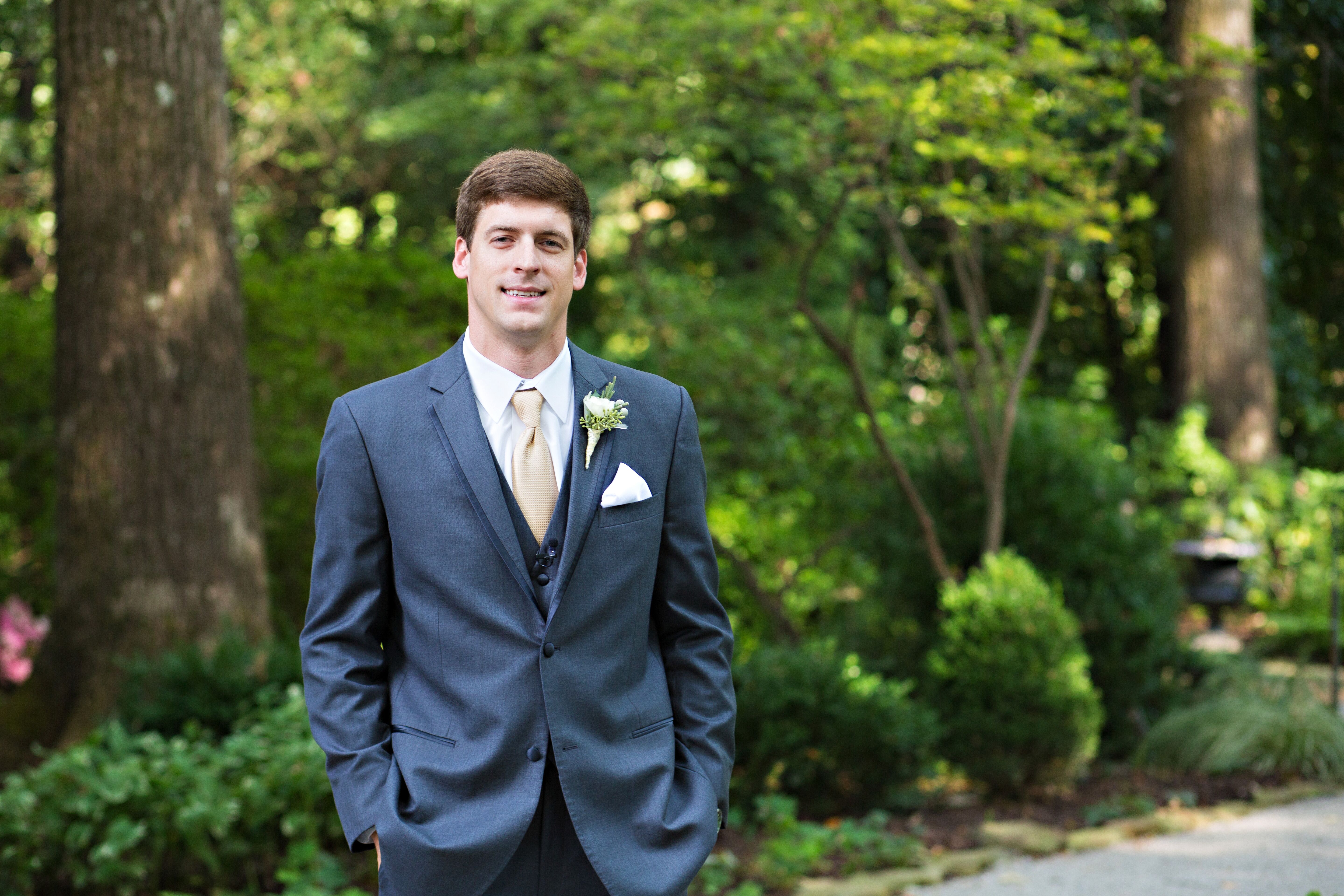 Gray Tuxedo With Navy Tie and Pocket Square