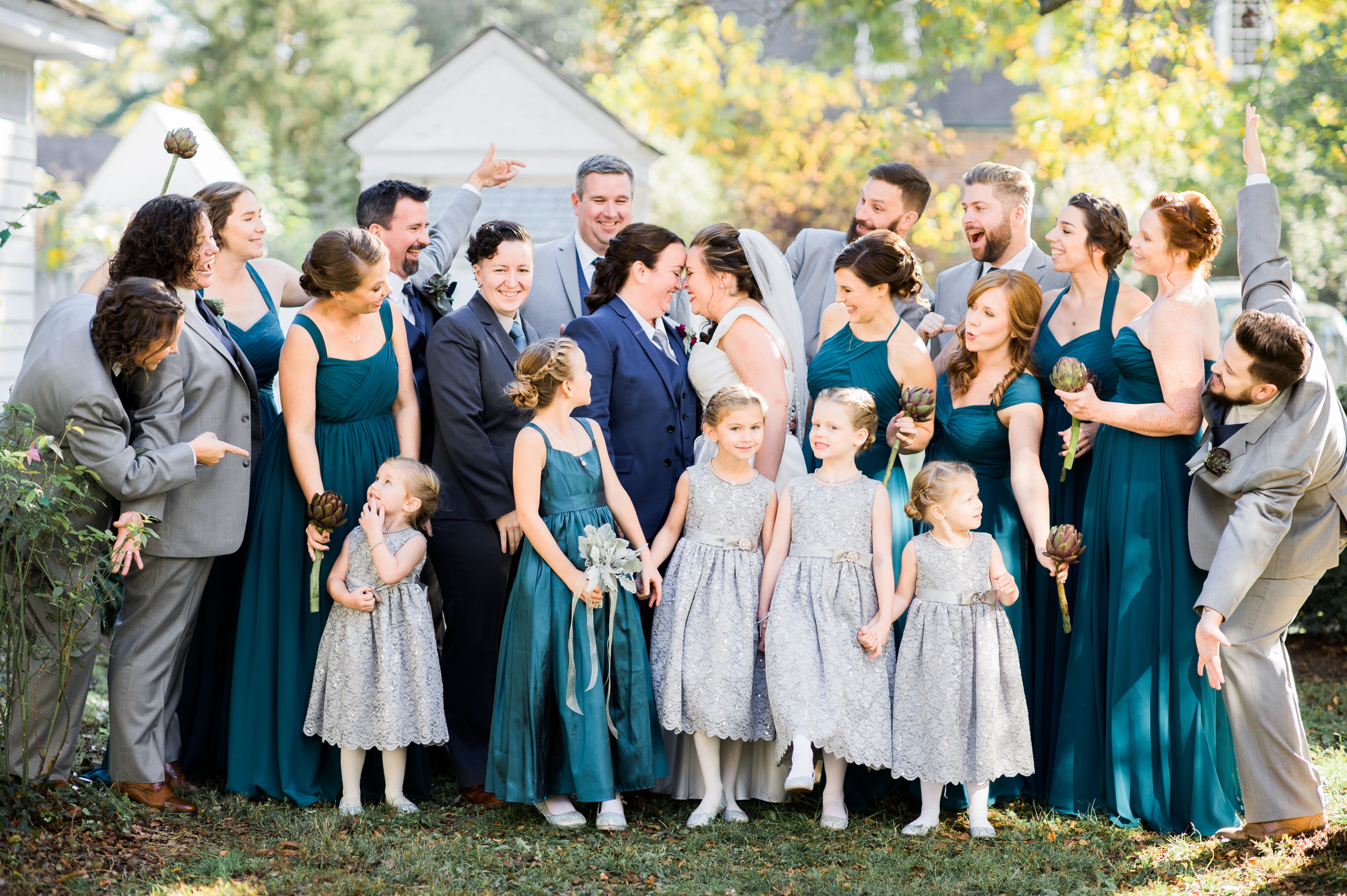 Teal and on sale silver bridesmaid dresses