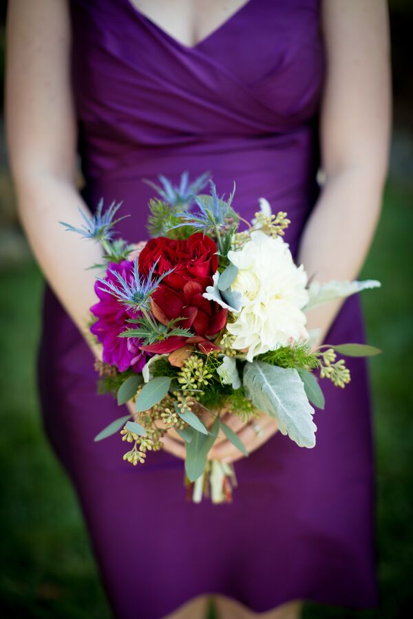 Natural Purple and Burgundy Dahlia Bouquet with Lush Greens