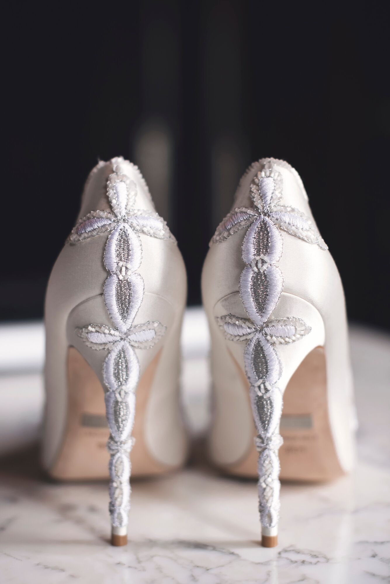 Silver and White Embroidered Satin Heels