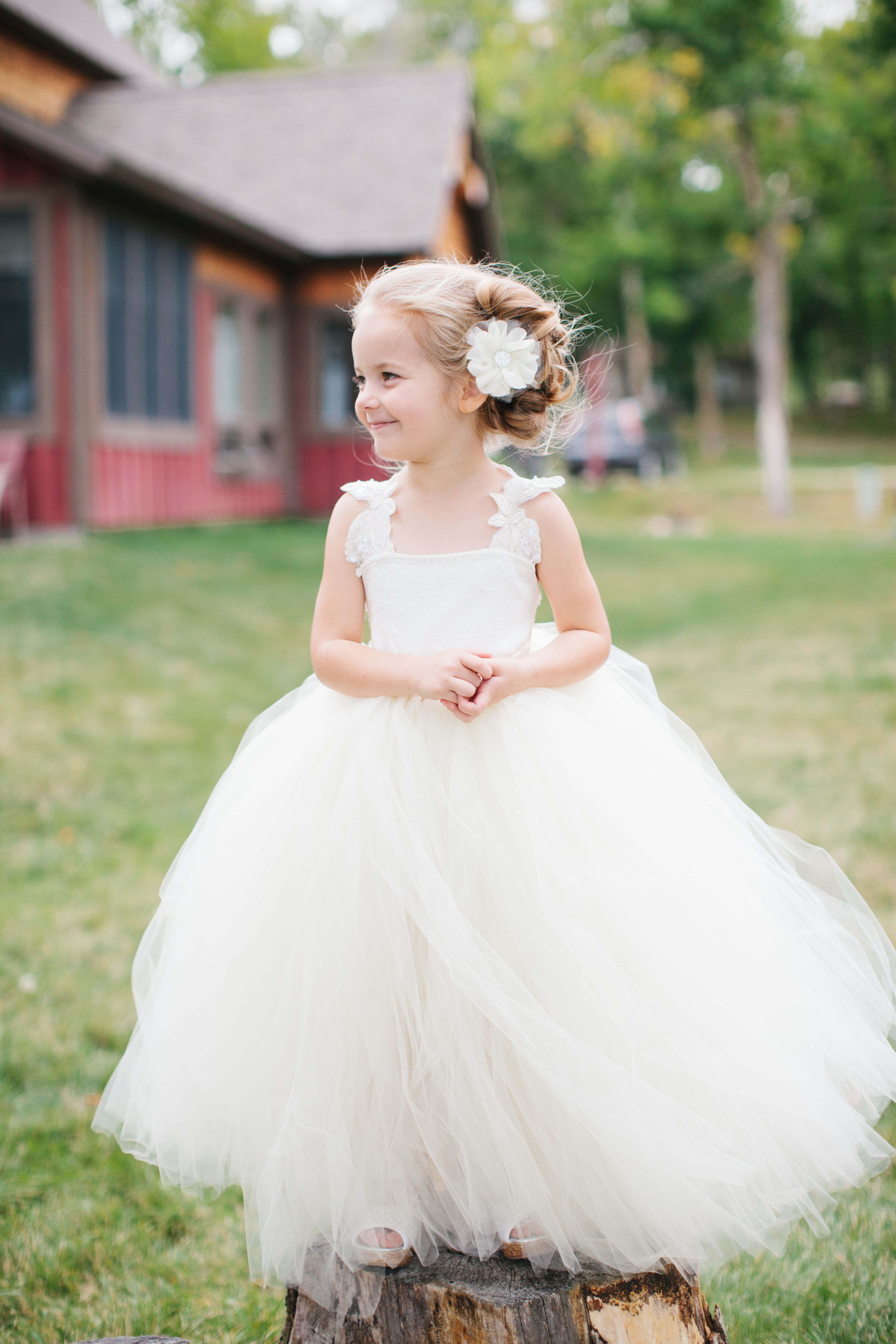 Homemade White Tulle Flower Girl Dresses and Floral Hair 