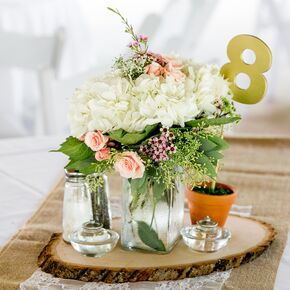 Rose, Hydrangea, Purple Wax and Eucalyptus Centerpieces