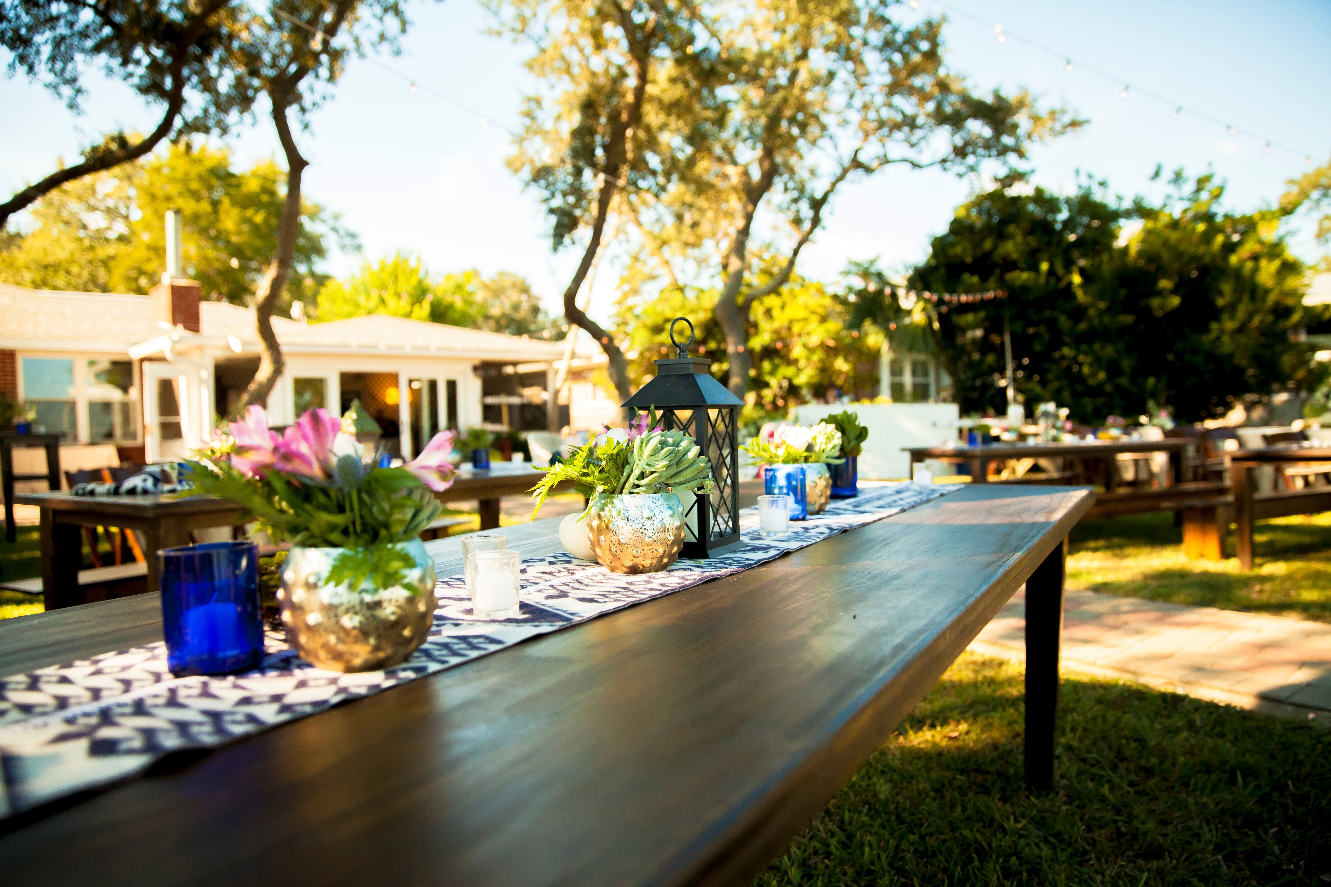 Wooden Family-Style Table with Pendleton Fabric Runner