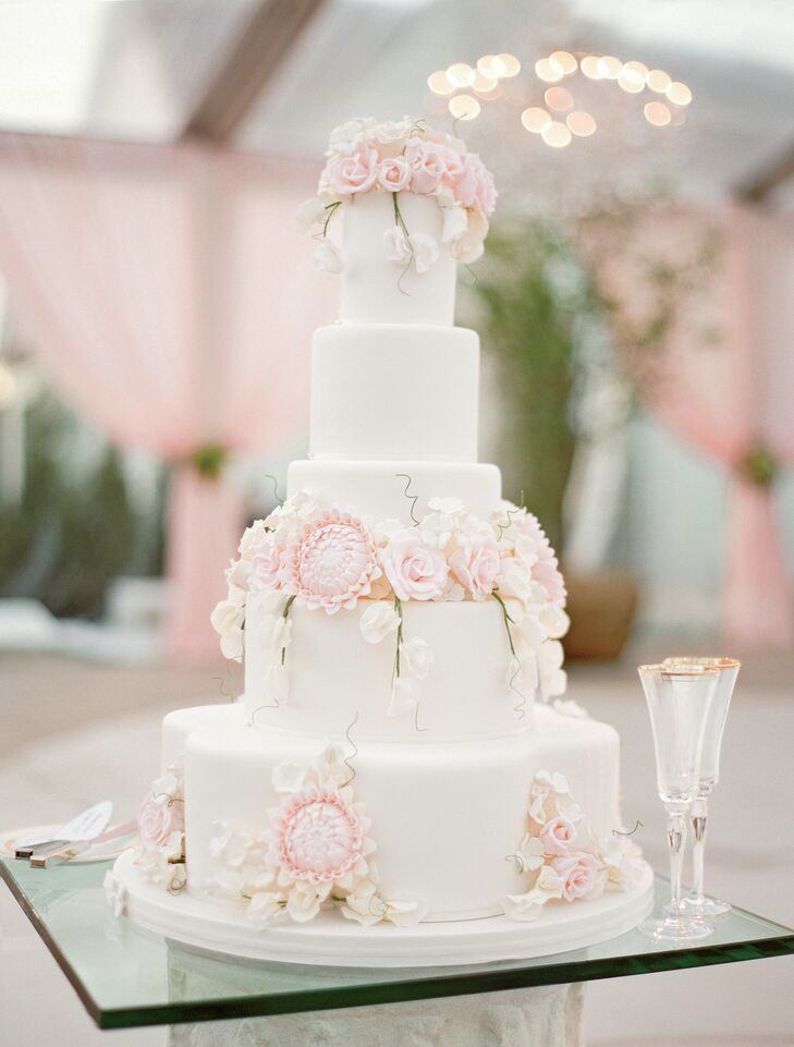 Pastel Flower Topped White Wedding Cake 