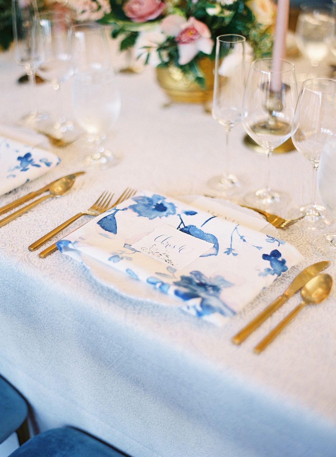 Blue-and-White Napkins at Wedding Reception Tables