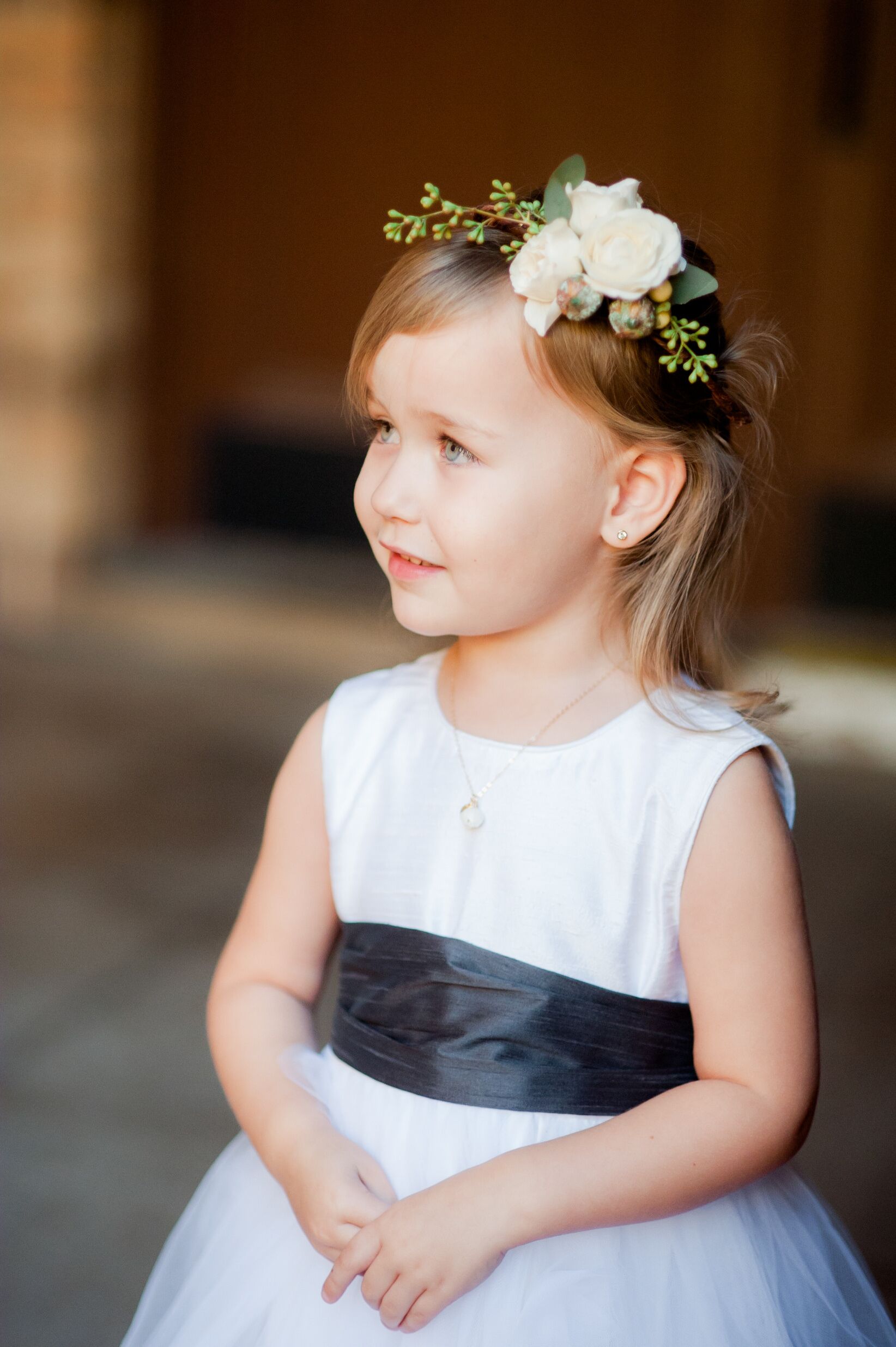 White Flower Girl Dress With Black Sash