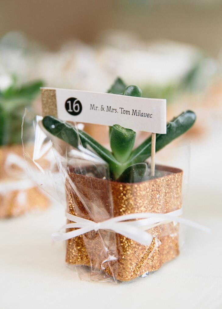 Succulents In Glitter Pot Escort Cards With Toothpick Flag