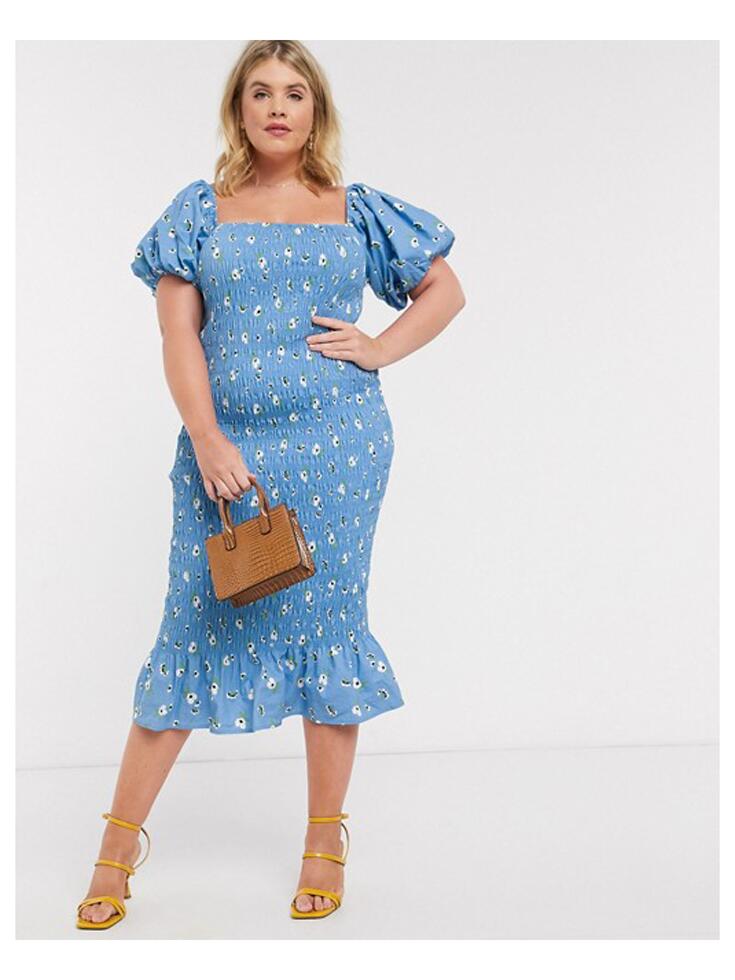 Ribbed blue puff sleeve midi dress