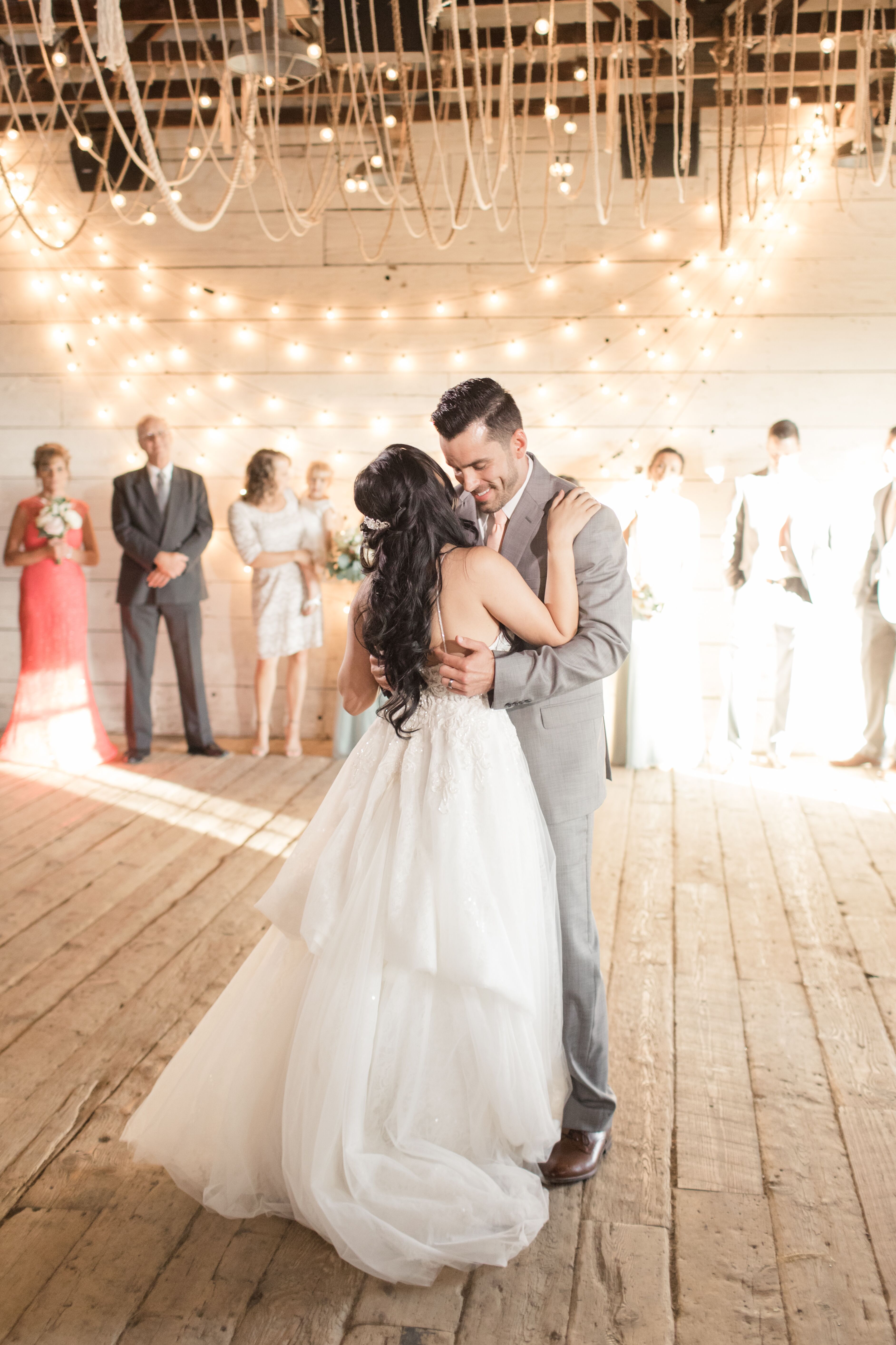 First Dance in Barn with String Lights