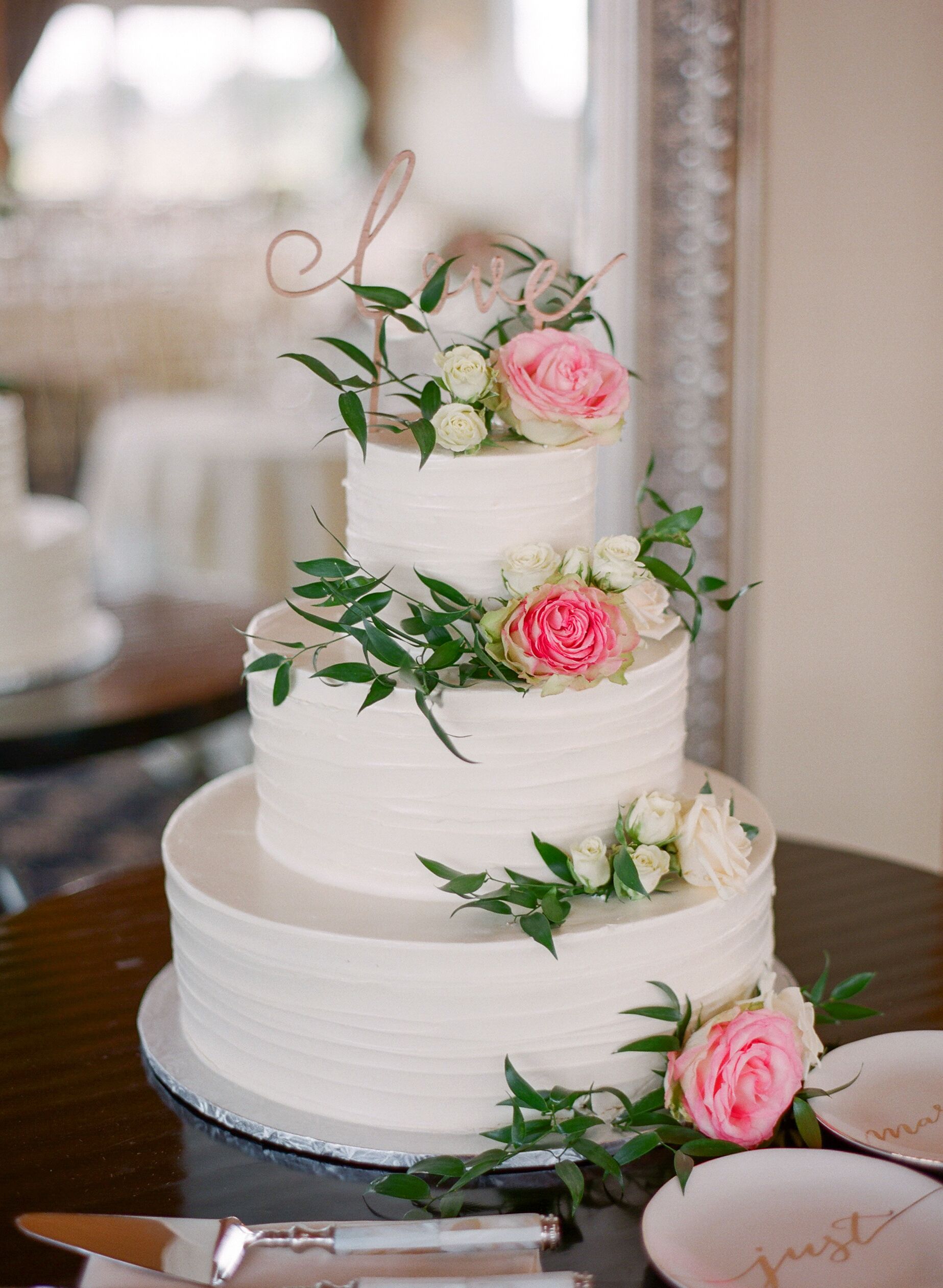 Combed Buttercream Cake with Roses, Ivy and Gold Topper