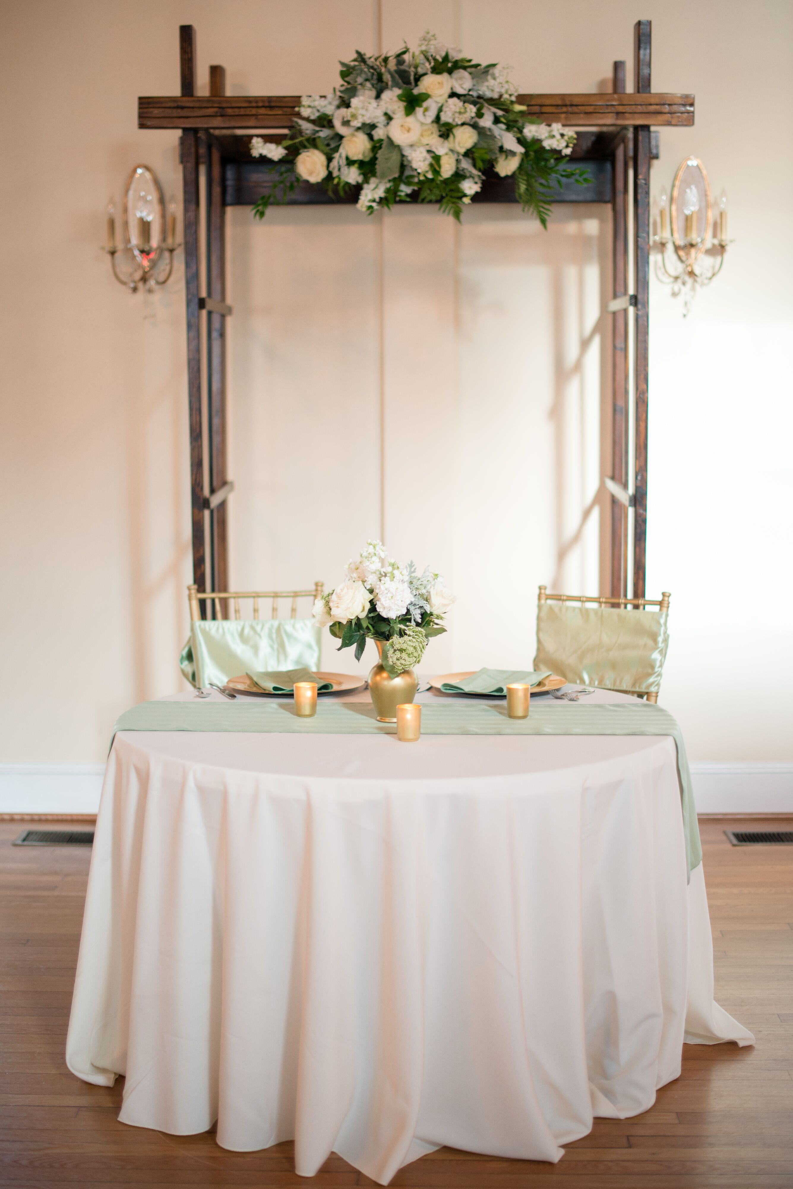 Sage and Ivory Sweetheart Table and Homemade Arch