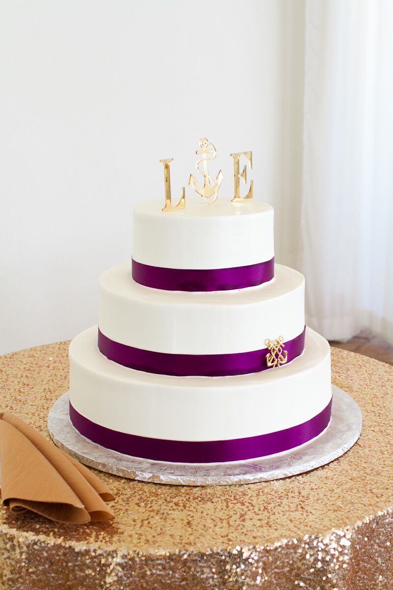 Purple Ribbon White Wedding Cake