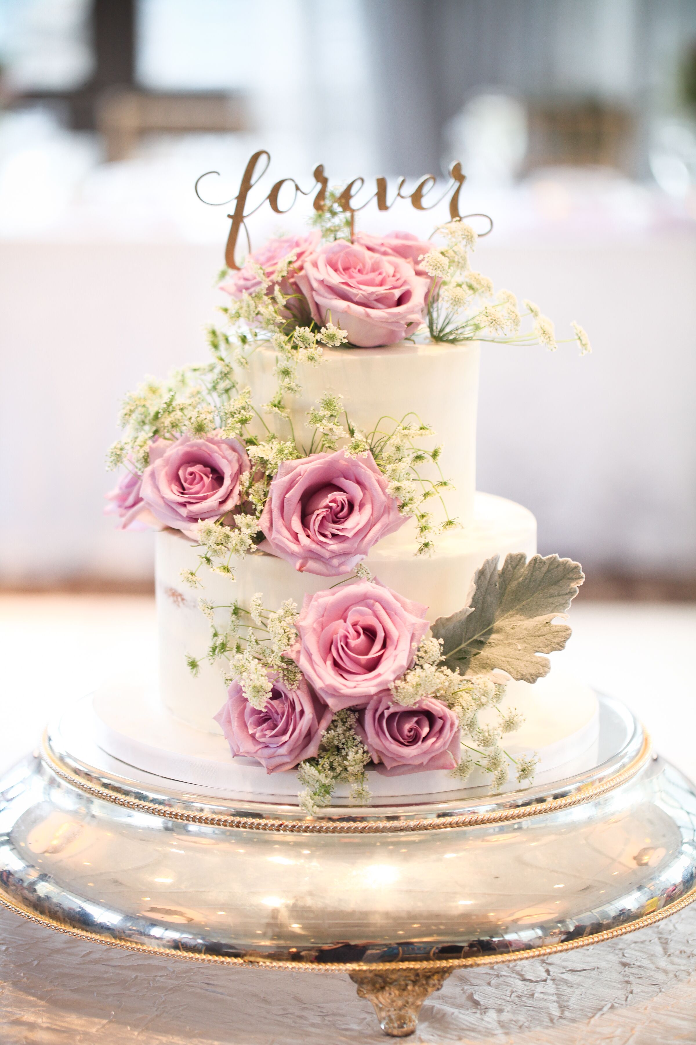 White Wedding Cake with Pink Roses