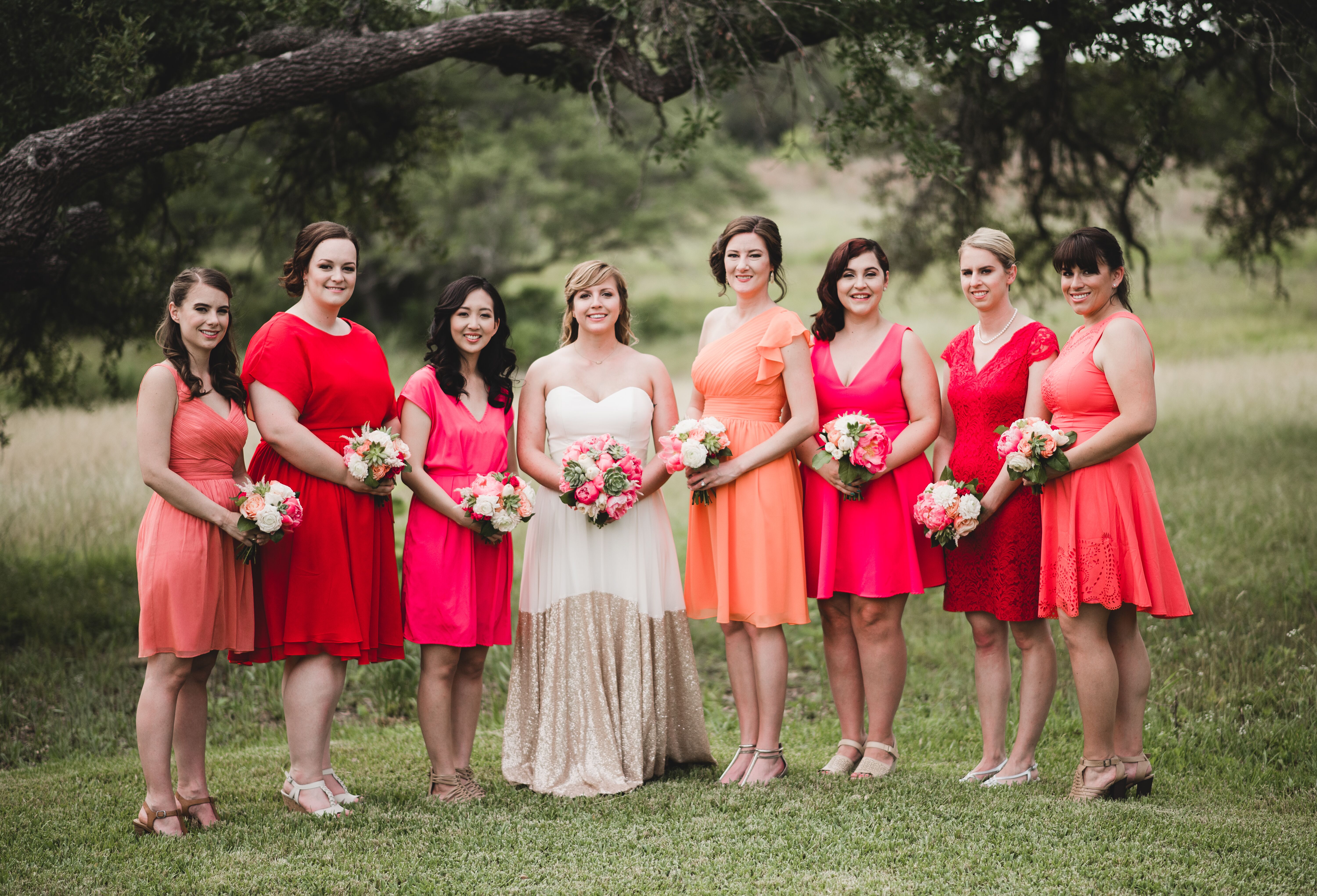 pink and red bridesmaid dresses